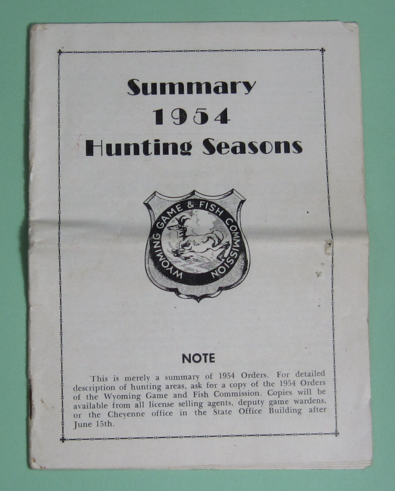1954 Wyoming Hunting Orders Deer License Regulations Book...Free Shipping