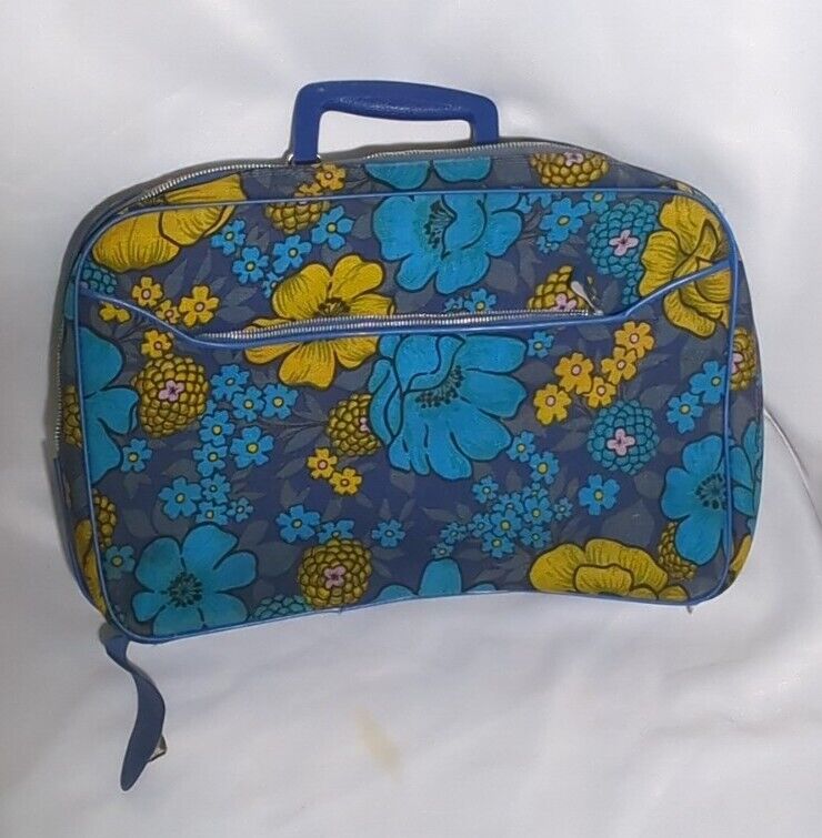 Vintage 1960s Montgomery Ward Stratolite Blue Floral Suitcase Retro MCM Hippie