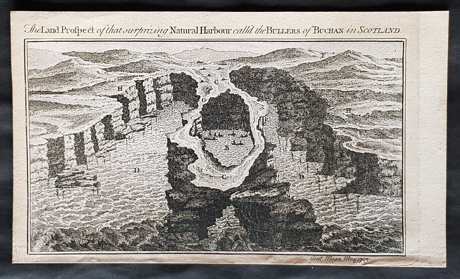 1755 Gentlemens Magazine Antique Print View of Bullers of Buchan Scotland