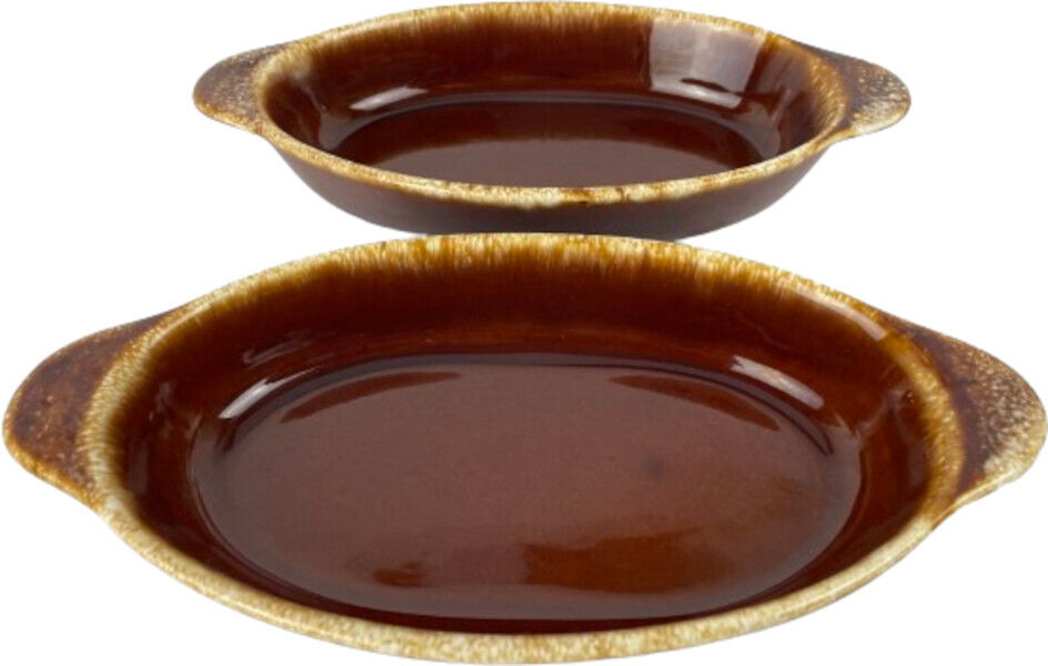 HULL Au Gratin Casserole Dish Oven Proof Pottery Brown Drip Glaze Set of 2 USA
