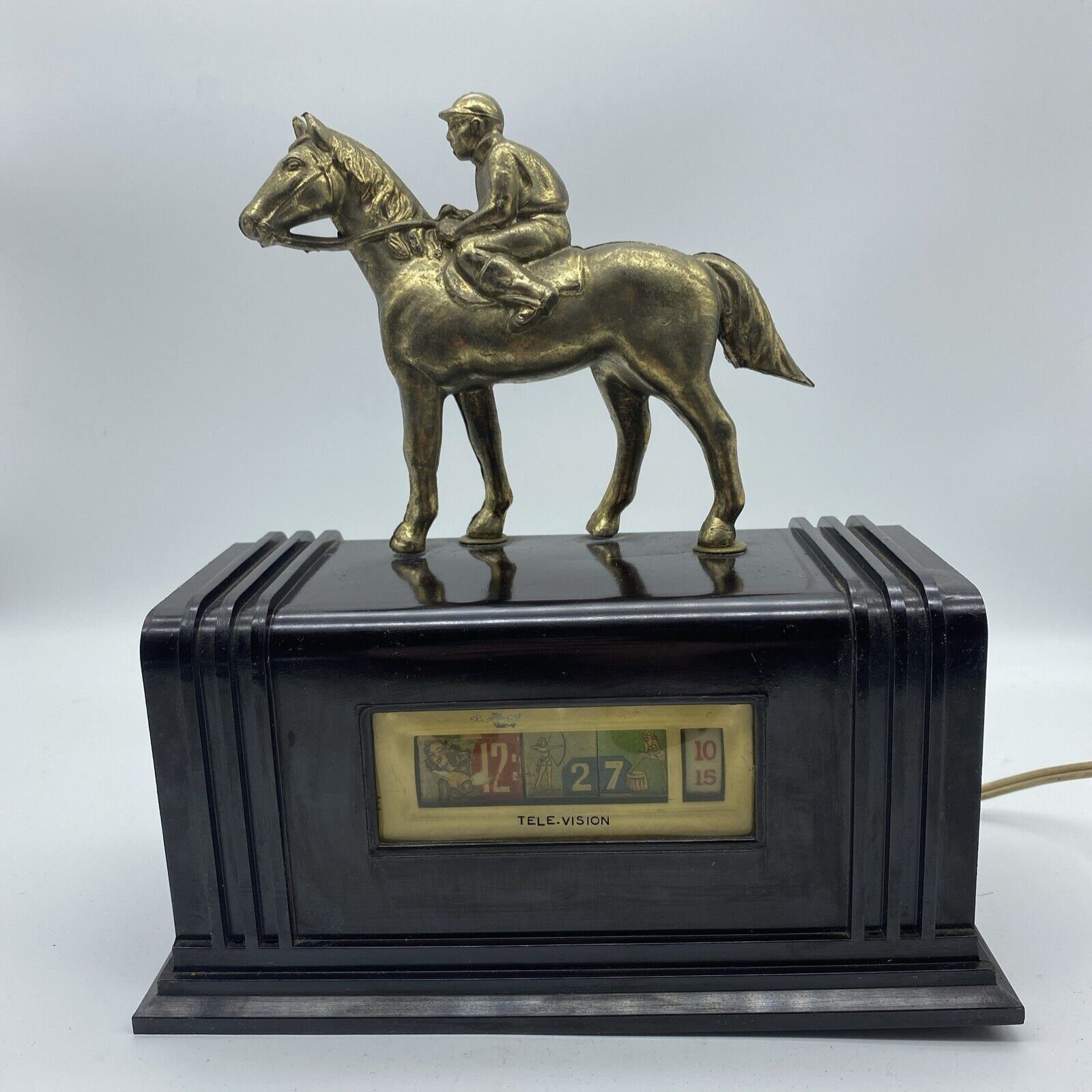 1940/50s Tele-Vision Early Flip Roll Number Clock With Jockey/Horse Pinup Risque