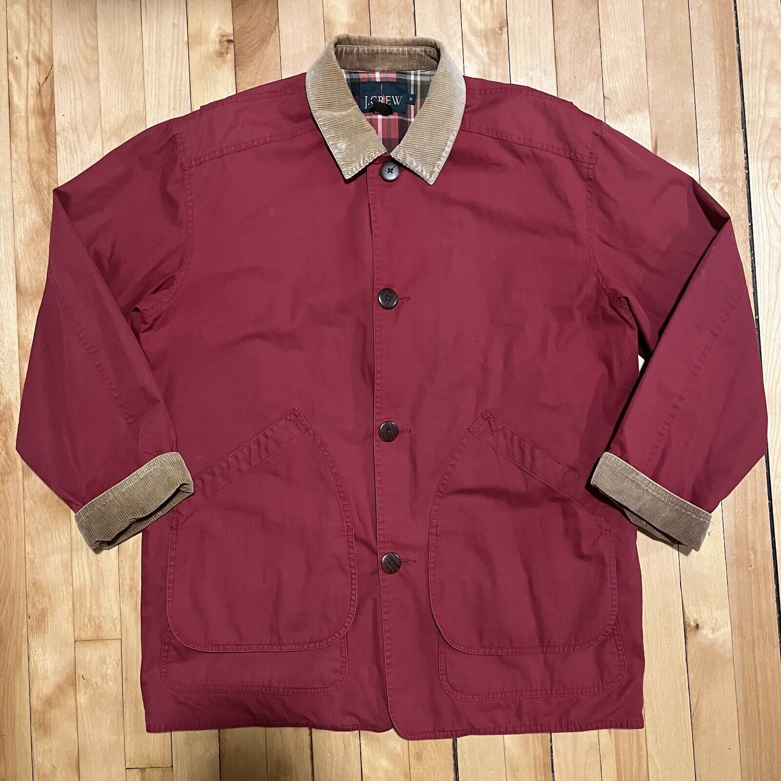 Rare J CREW Barn Jacket Chore Coat 90s Vintage RED Plaid Flannel Lined Men\'s Med