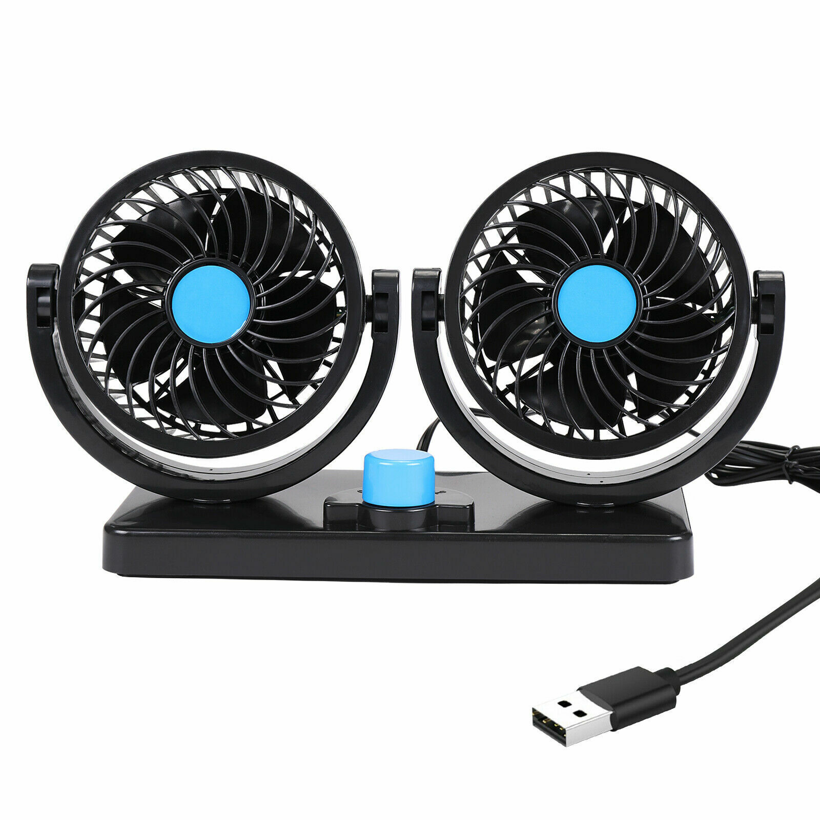 Dual Head Car Fan w/ USB Plug Adjustable Speed Auto Cooling Fan 360° Rotatable