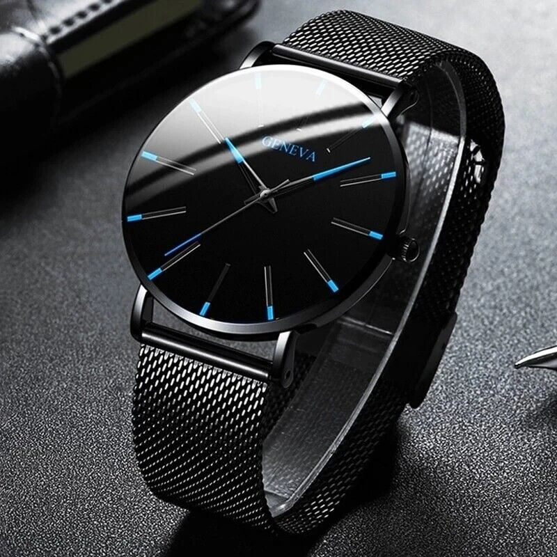 2023 Geneva Minimalist Watch Men Ultra Thin Blue Stainless Steel Mesh Belt Watch