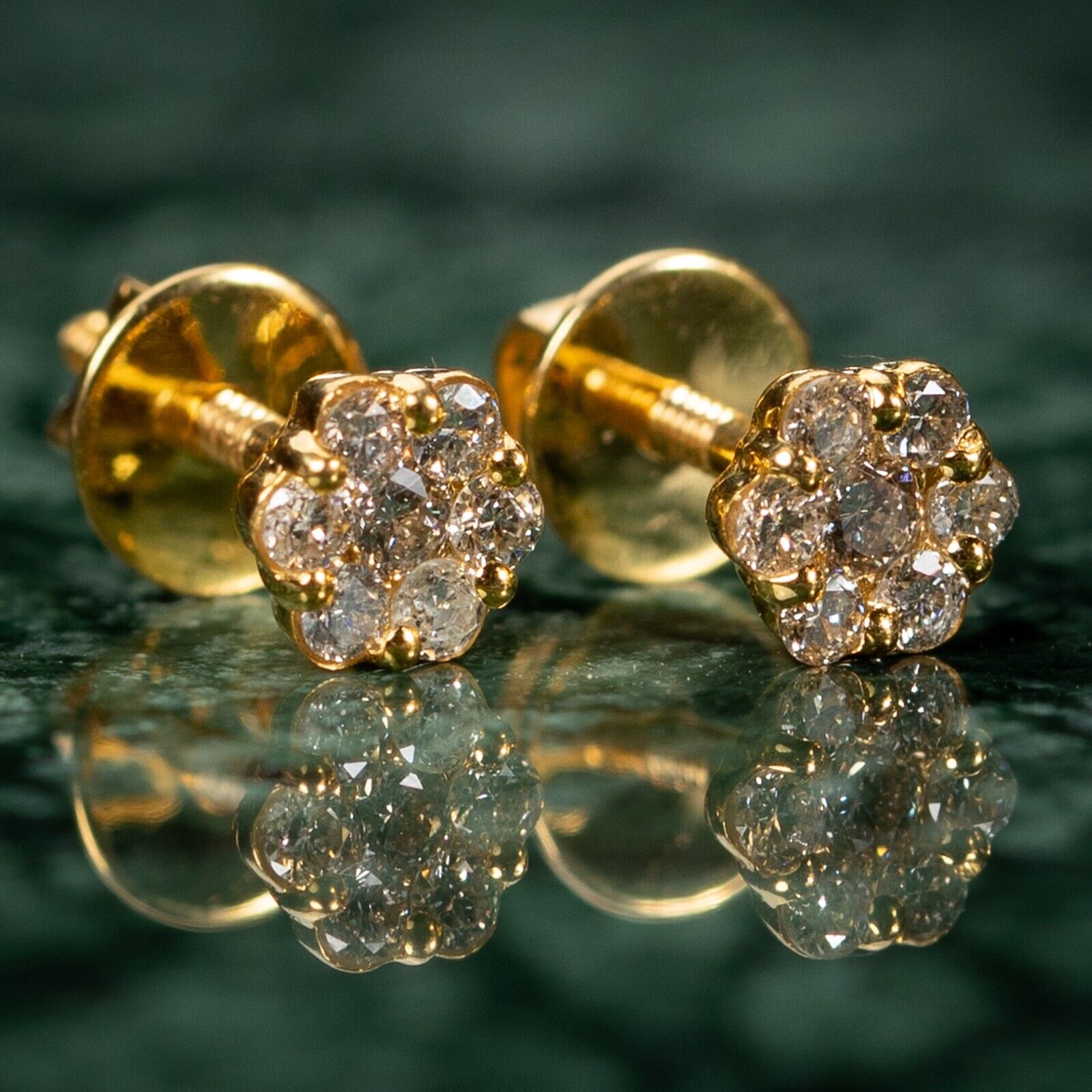 Unisex Solid 10k Yellow Gold 0.38Ct Natural Diamond Cluster Small Stud Earrings