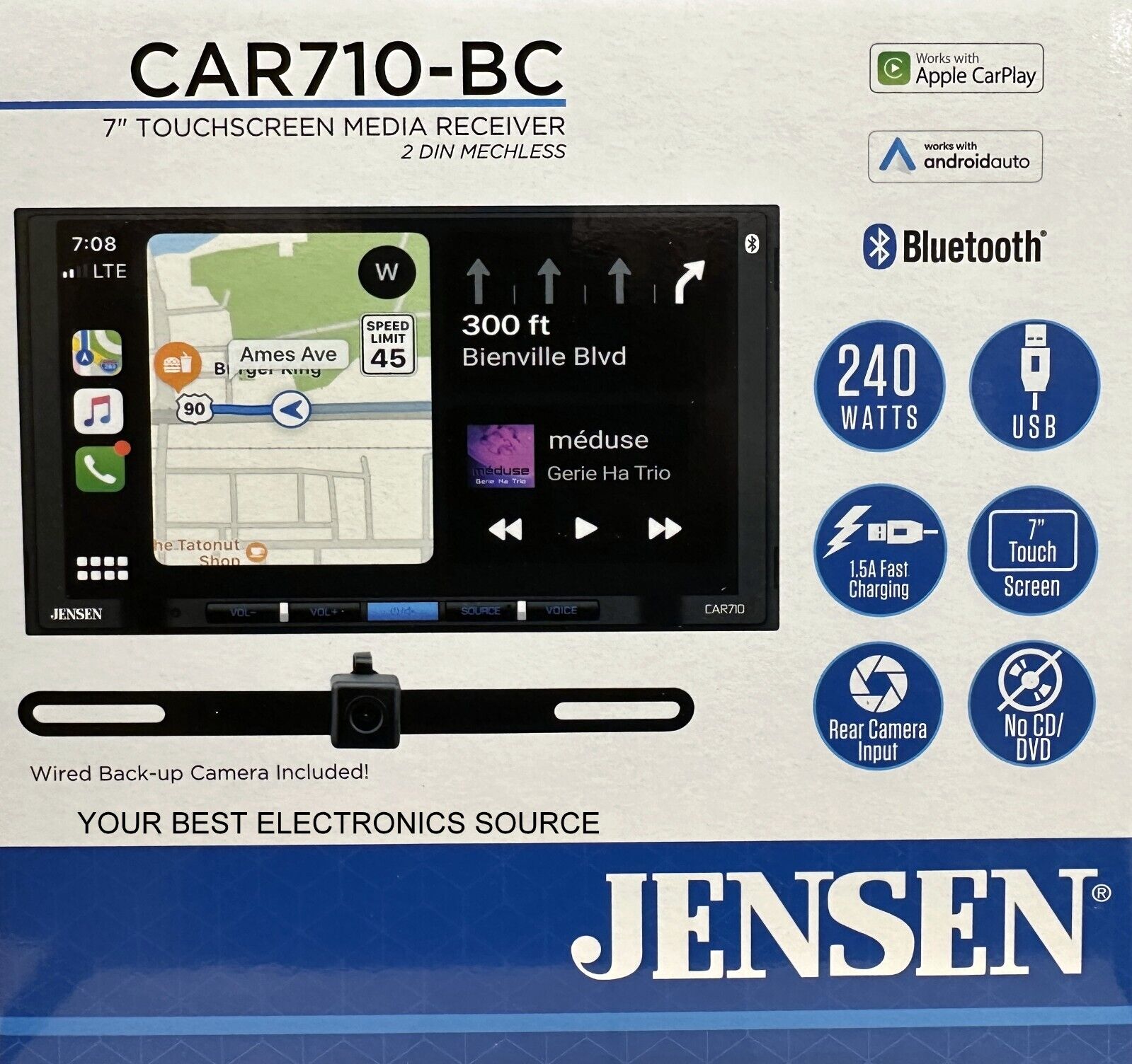NEW Jensen CAR710-BC 2-DIN Digital Media Stereo, CarPlay/Android Auto/BackUp Cam