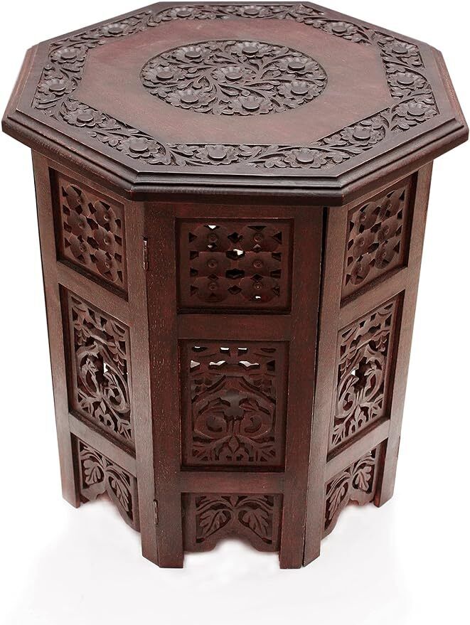 Solid Wood Accent End Table - Hand Carved Vintage Boho Folding Side Table