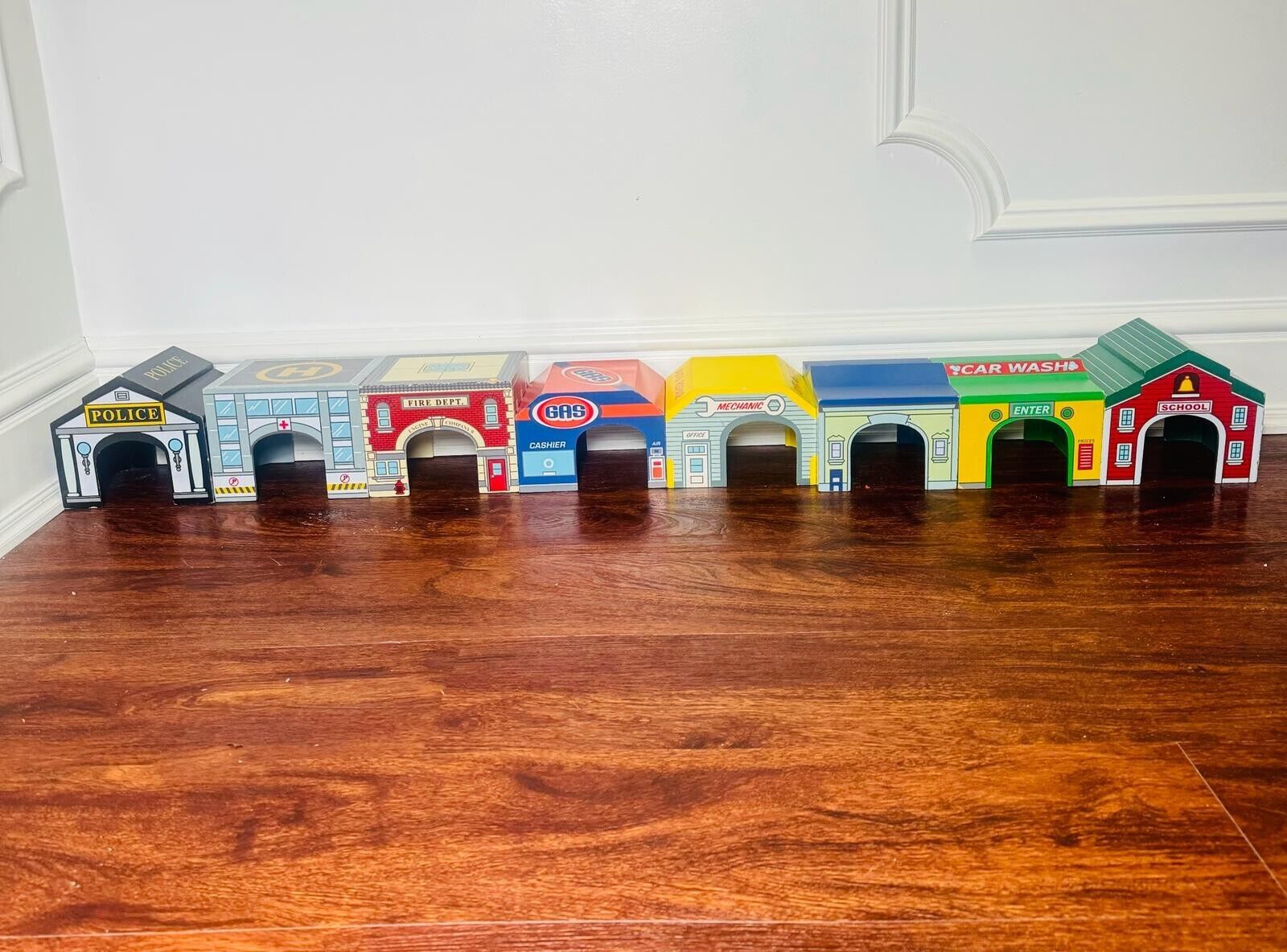 8 LAKESHORE Learning Wood Toy Block Party Buildings, Drive Through Wooden Town