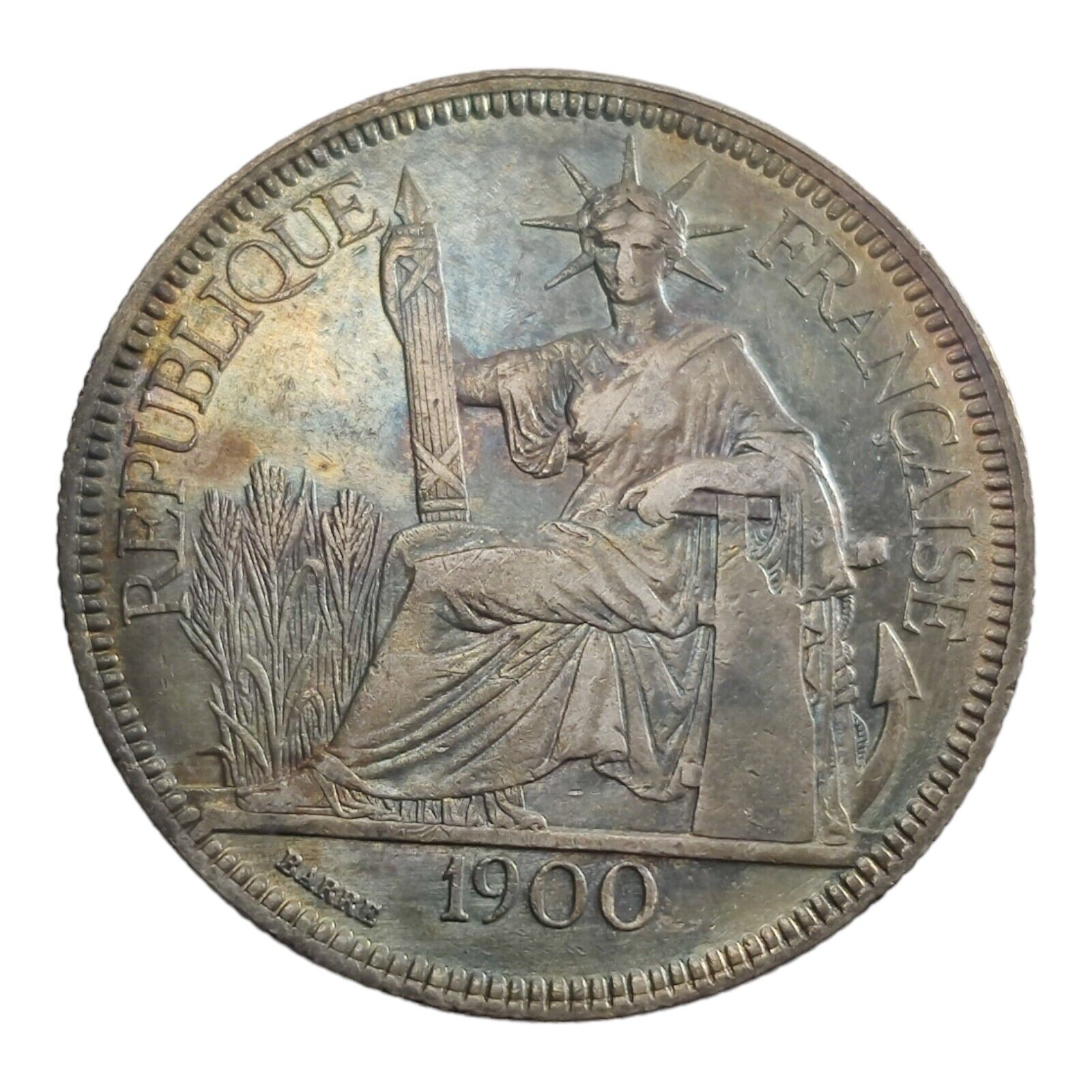 1900-A Silver Piastre Commerce French Indo-China Nice Toned Crown Sized Coin 11O