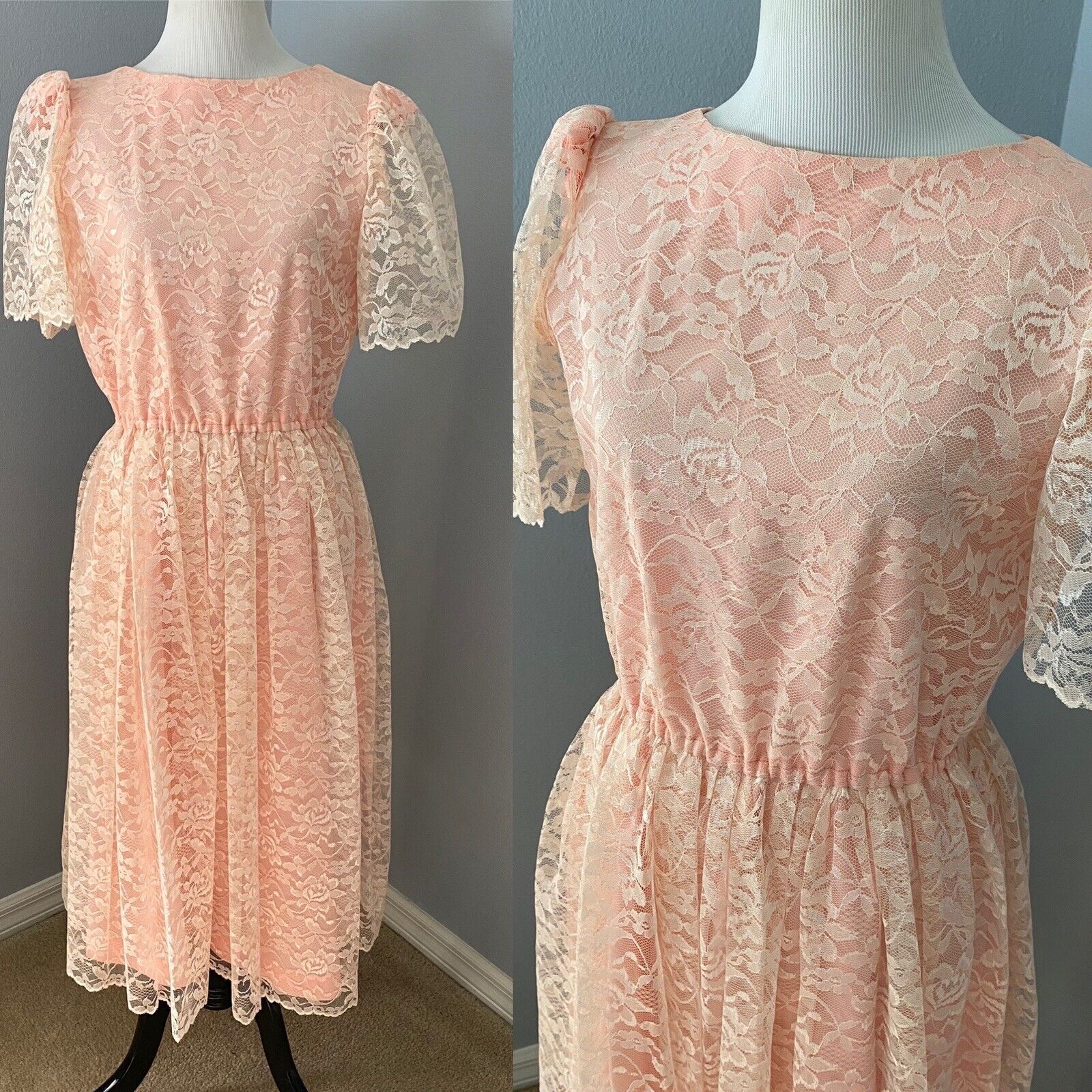 Vintage Lace Pink Dress Victorian tea Party Cottagecore Romantic Pretty Pink