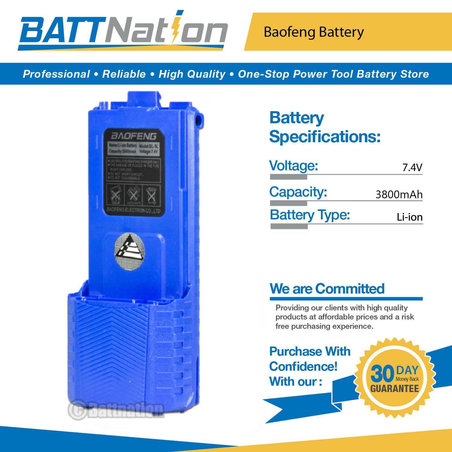 7.4V 3800mAh Li-Ion Blue Extended Battery for Baofeng BL-5L, BF-F8HP, UV-5R-L