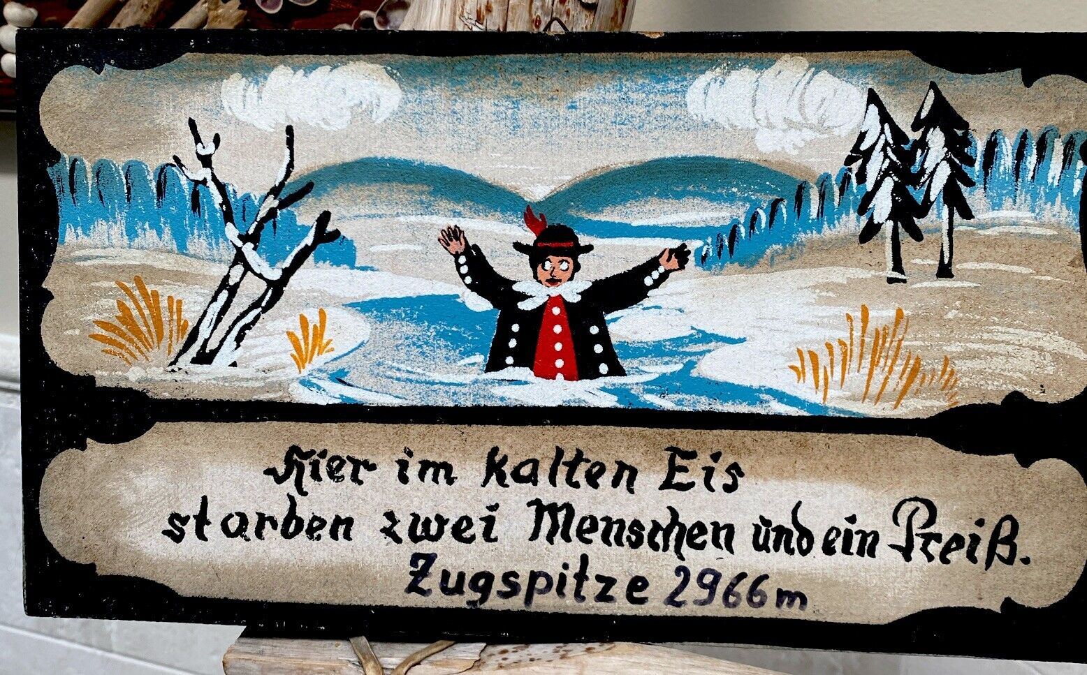 Whimsical Original German Primitive Folk Art Painting on Board Zugspitze READ