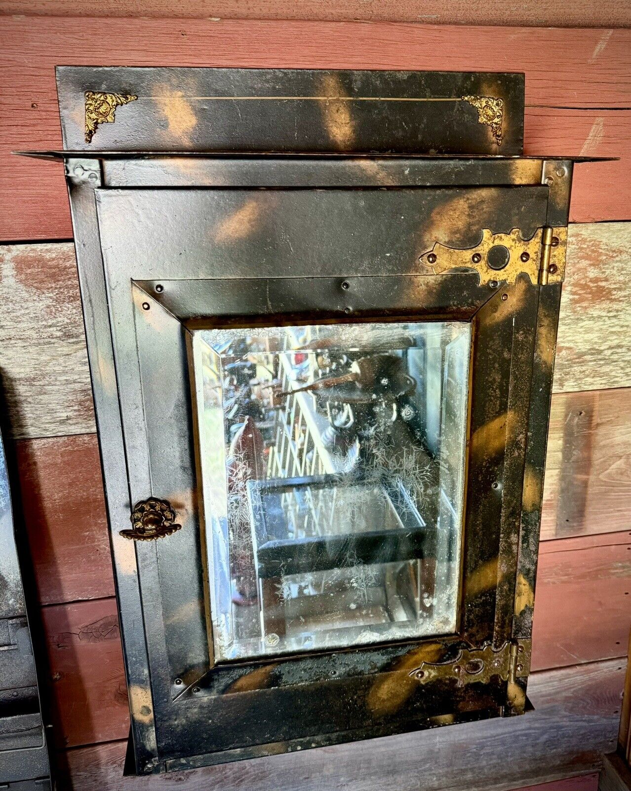 Rare Antique Vtg  Primitive Metal  Medicine Cabinet Mirror Wall Mount