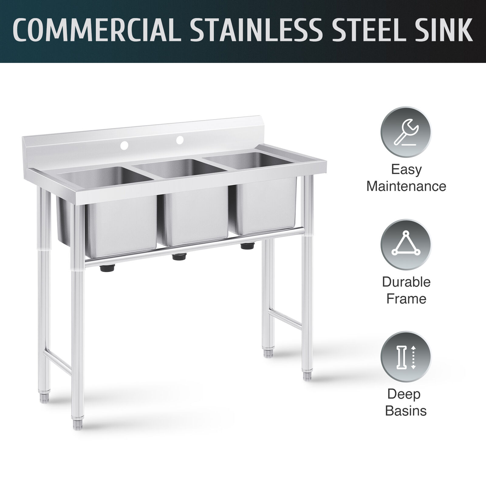 WILPREP Commercial Utility & Prep Sink Stainless Steel w/ Backsplash Drainboard