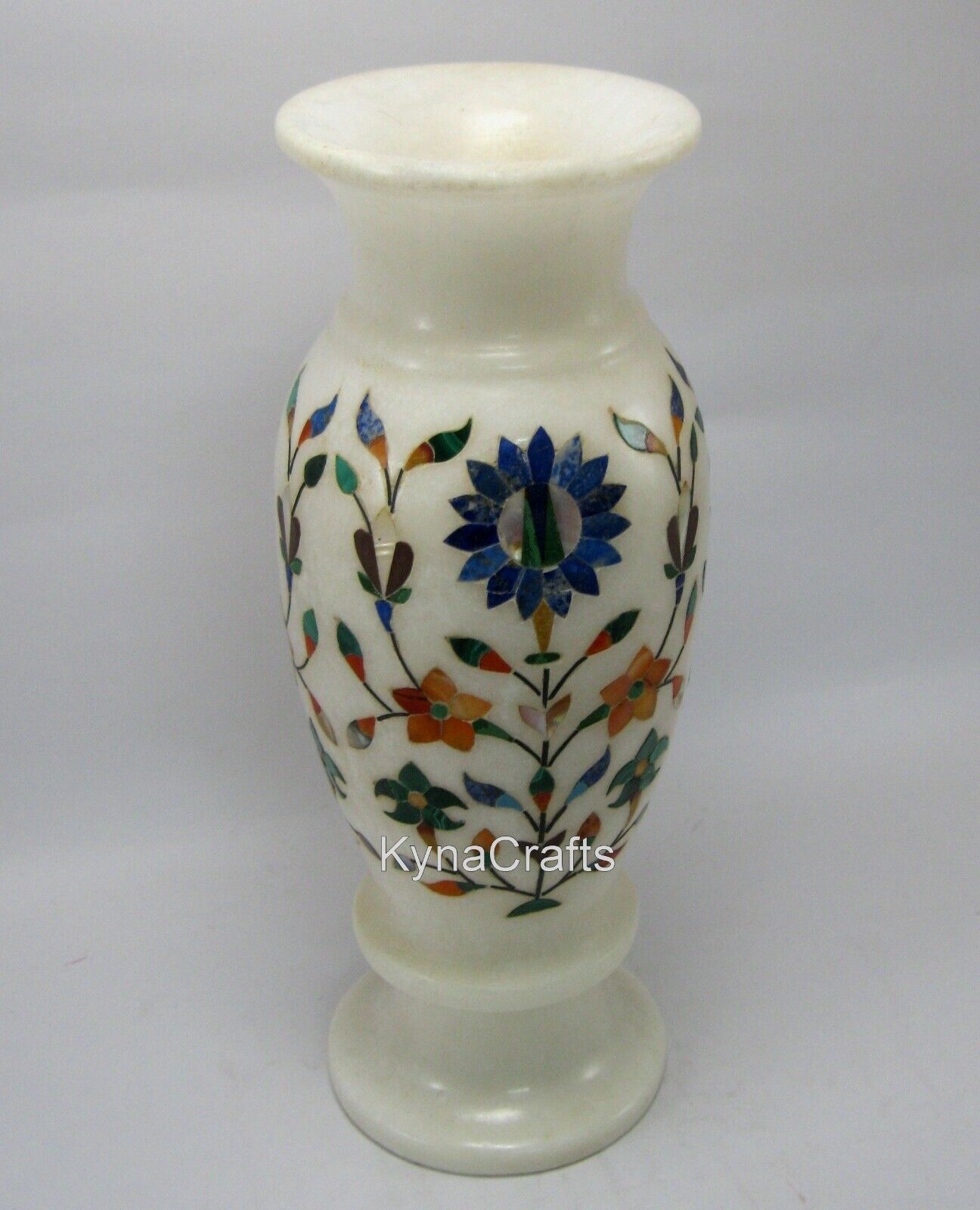 8 Inches White Marble Flower Vase Floral Design Inlay Work Garden Decor Plantter