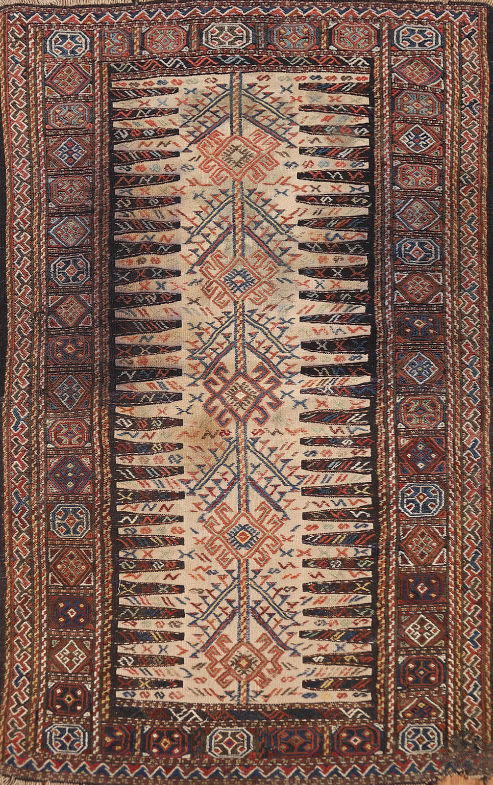 Vintage Tribal Geometric Ivory Kilim Accent Rug 3x5 Wool Hand-woven Carpet