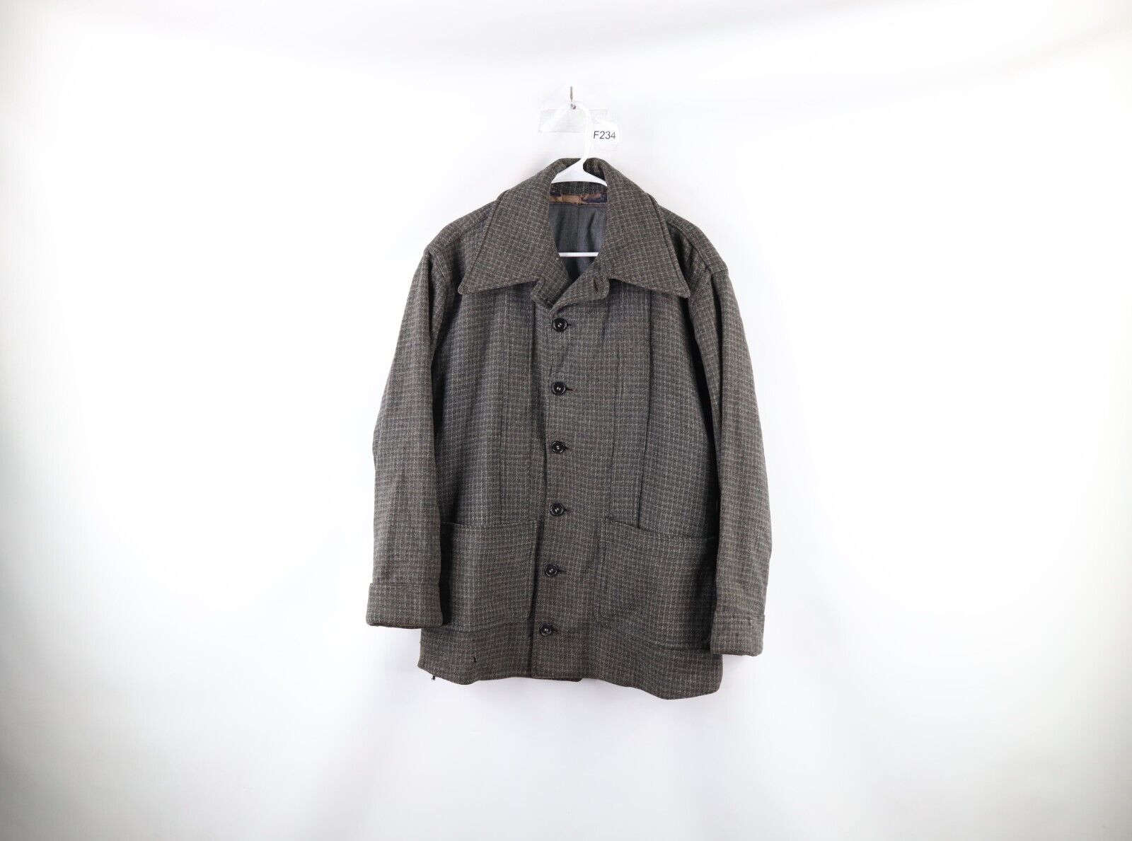Vtg 30s 40s Streetwear Mens 42R Distressed Wool Tweed Button Jacket Gray Plaid