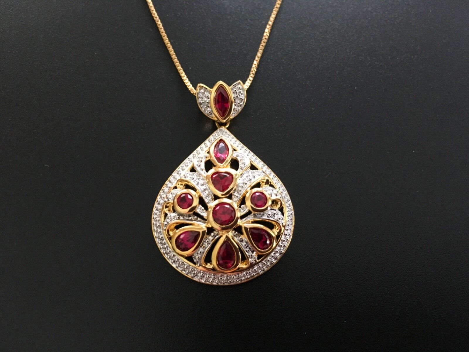 Beautiful Vintage Lavalier Red Rhinestone Pendant on a Sterling Silver Necklace