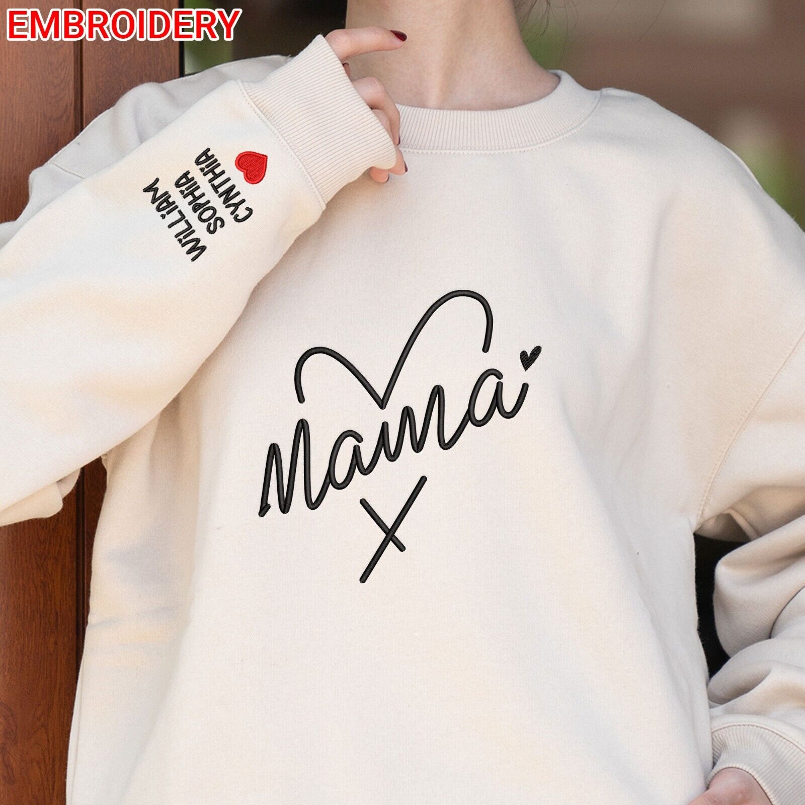 Embroidered Mama Heart Sweatshirt with Kids Name on Sleeve, Mother's Day Gift