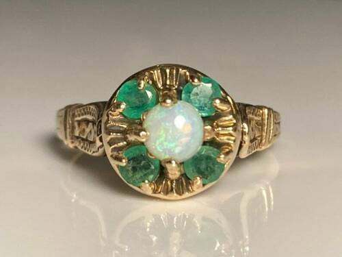  Antique 2.6Ct Round Fire Opal & Emerald Cocktail Ring 14K Yellow Gold Finish