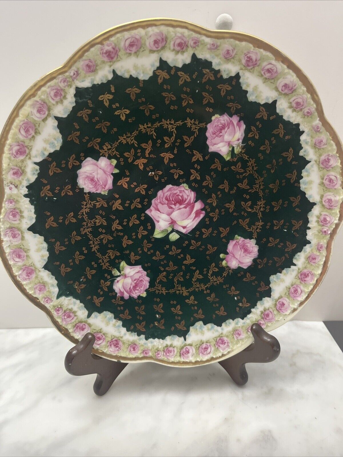 Antique Victorian Gold  Color & Green Plate 9” Pink Floral Austrian Imperial