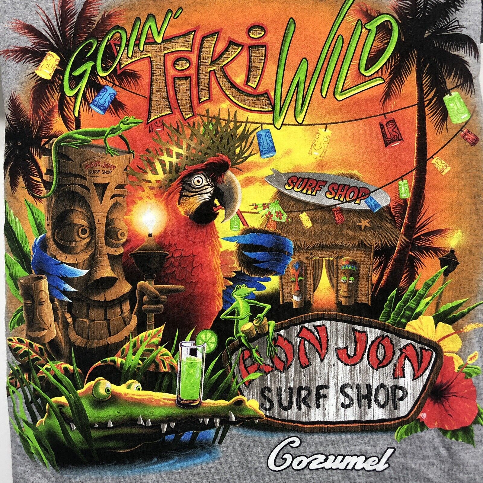 Vintage 1980s Ron Jon Surf Shop Graphic Tee Going Tiki Wild Cozumel Parrot Med