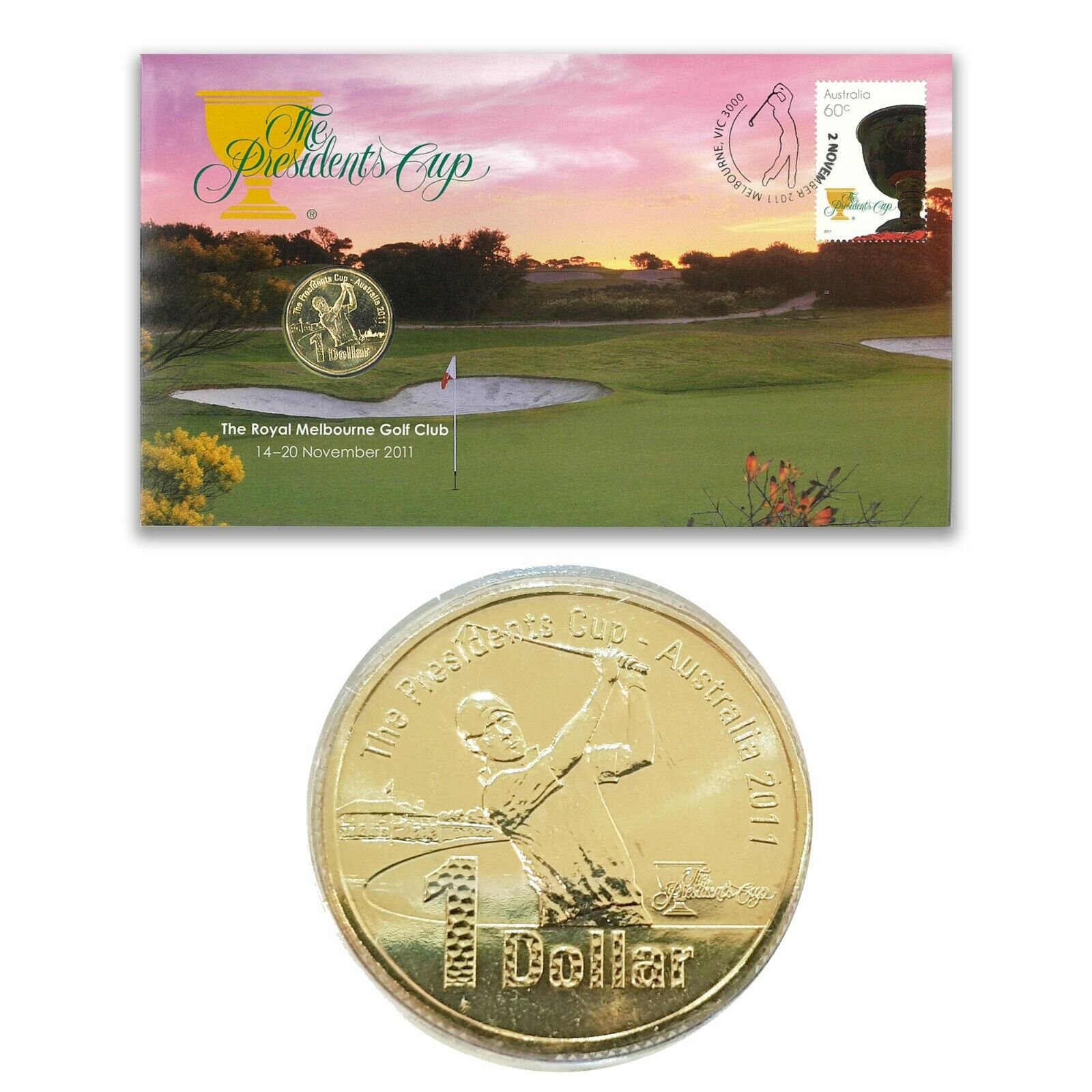 Australia 2011 Golf Presidents Cup Stamp & $1 UNC Coin Cover - PNC