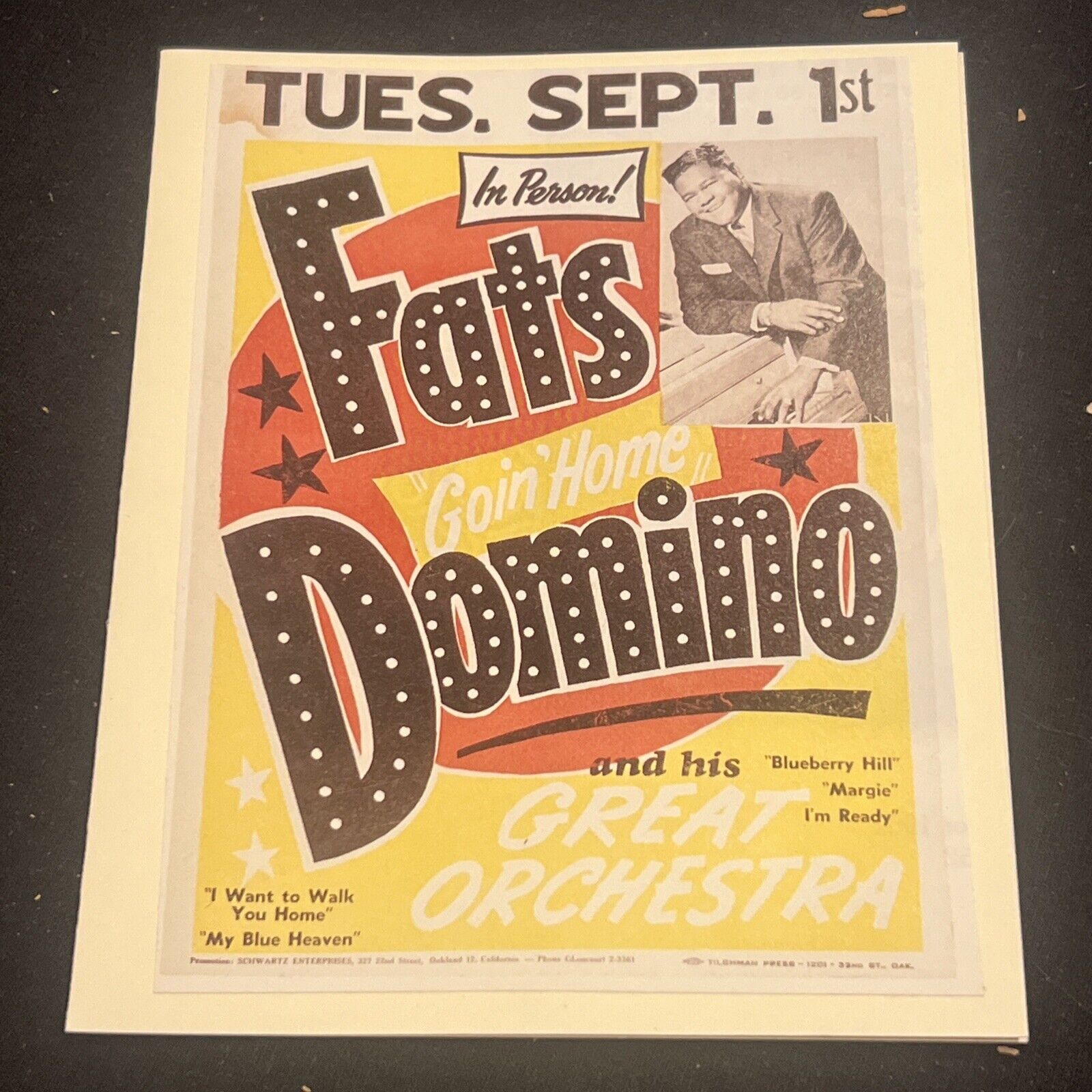 vintage 1961 Fats Goin’ Home Domino and his Great Orchestra flyer FD18