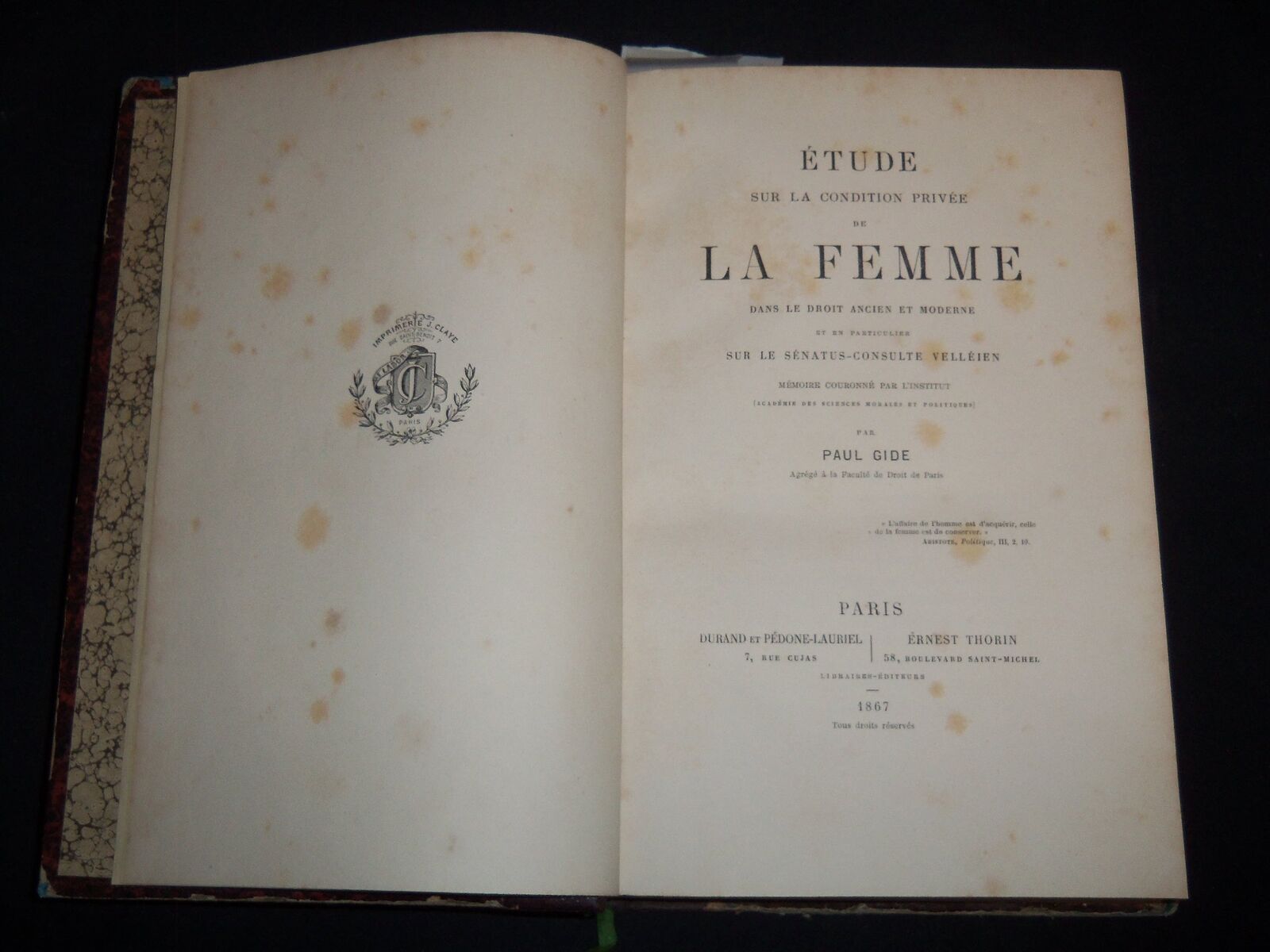 1867 ETUDE SUR LA CONDITION PRIVEE DE LA FEMME VOLUME BY PAUL GIDE - KD 4815G