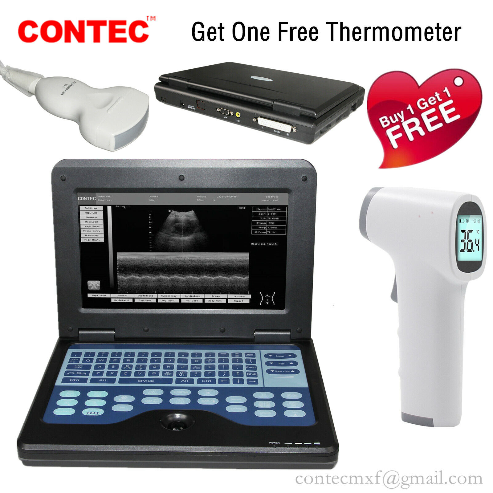 FDA CMS600P2 Ultrasound Scanner Laptop Machine 3.5Mhz Convex Probe+Thermometer