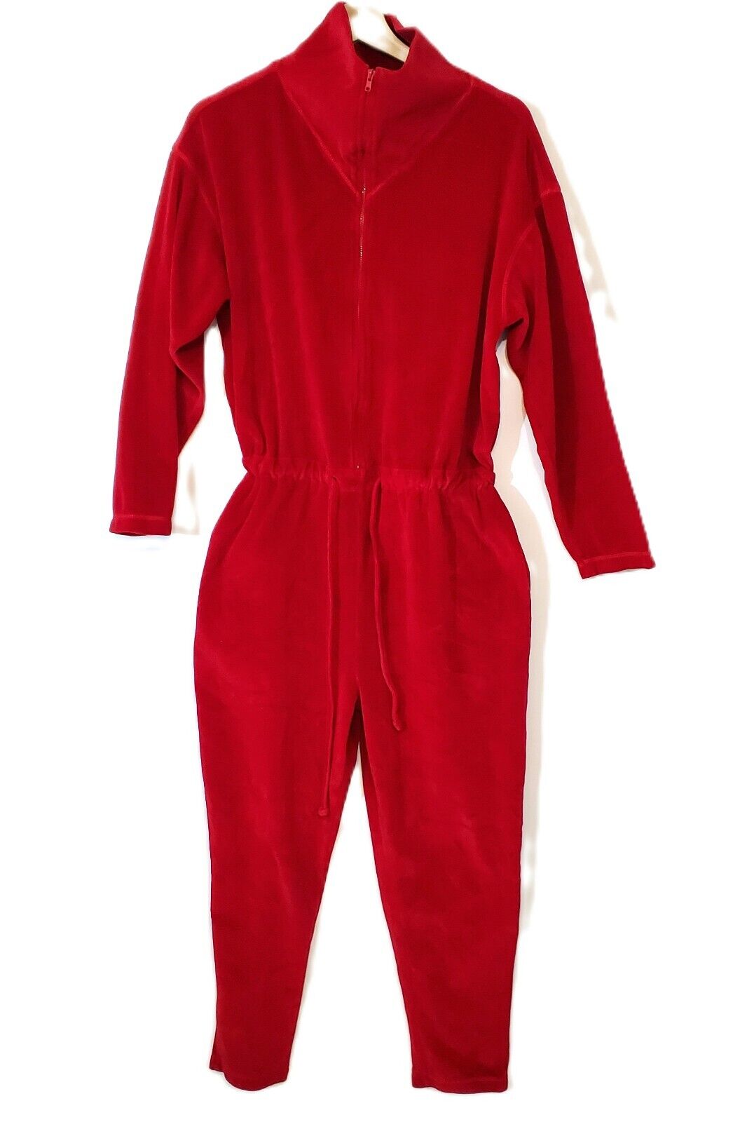 Vintage Cacique Red Velour Jumpsuit Long Sleeve Zip Up Elastic Waist Size S