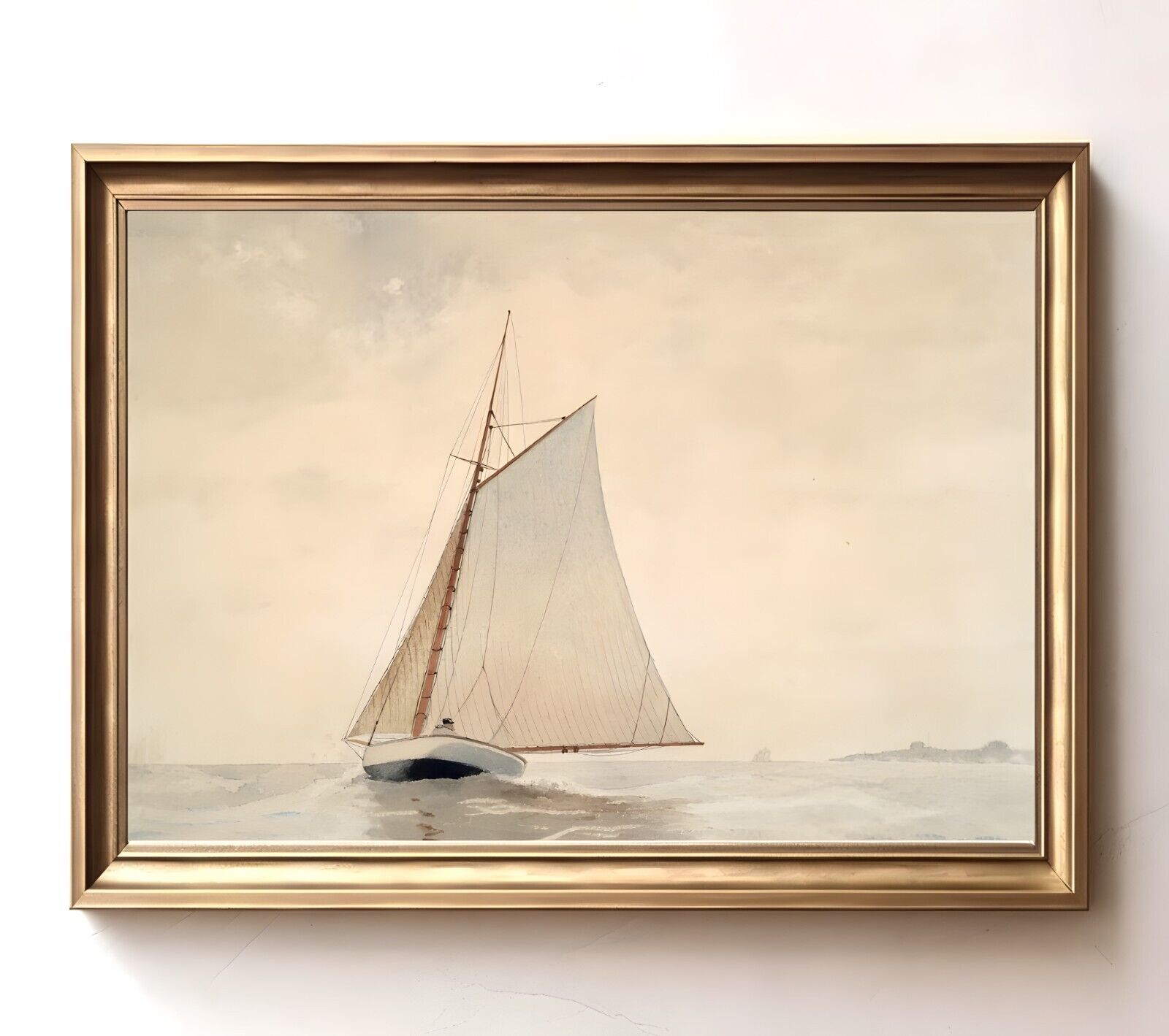 Sailing off Gloucester Neutral Sailboat Art Print Vintage Seascape Painting