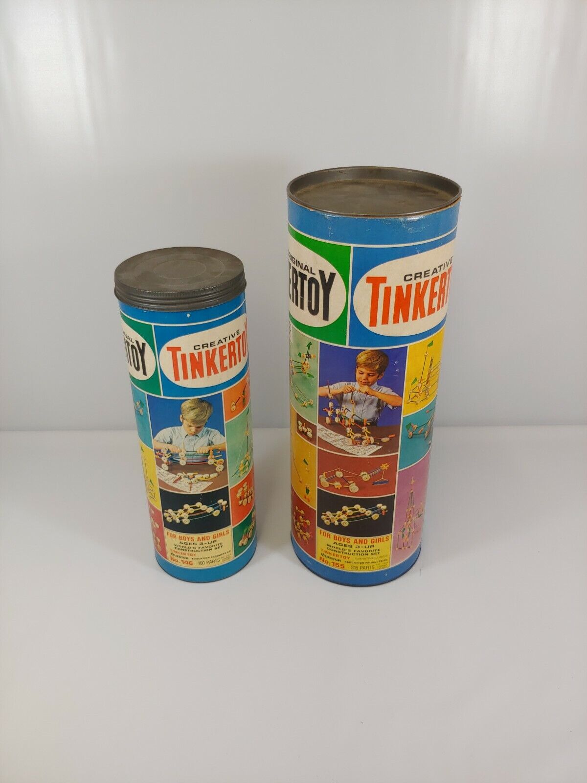 2x TinkerToy Tins, Pieces & Parts - #146 & #155 - Quester Educational Products