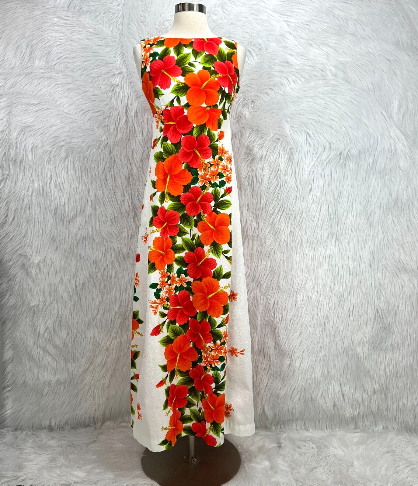 Ui-Maikai VTG 60\'s Sz XXS White Orange Floral Hibiscus Hawaiian Maxi Dress *Read