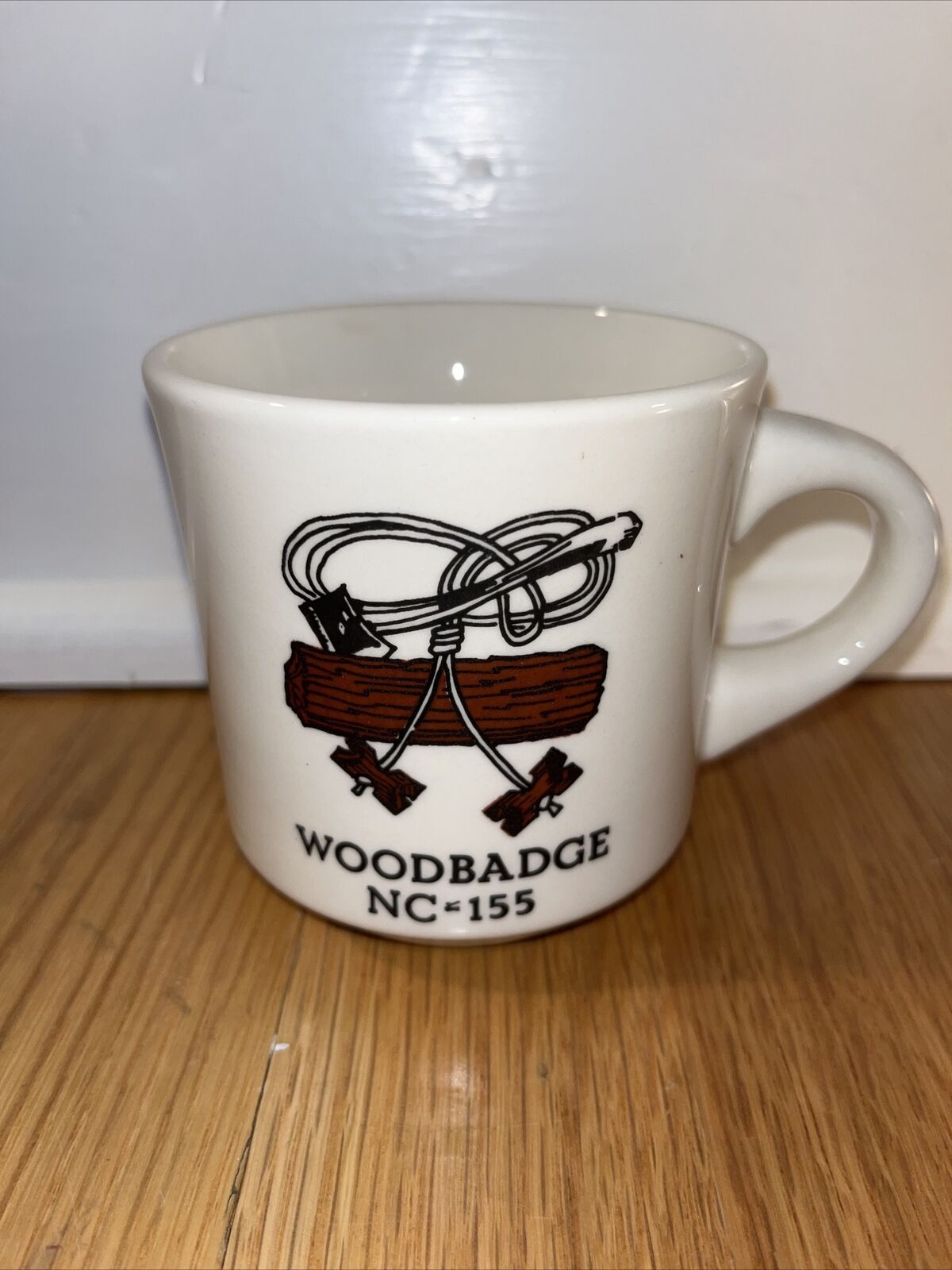 Vintage Boy Scouts America Coffee Mug Cup Wood Badge Axe Log Symbol BSA NC 155