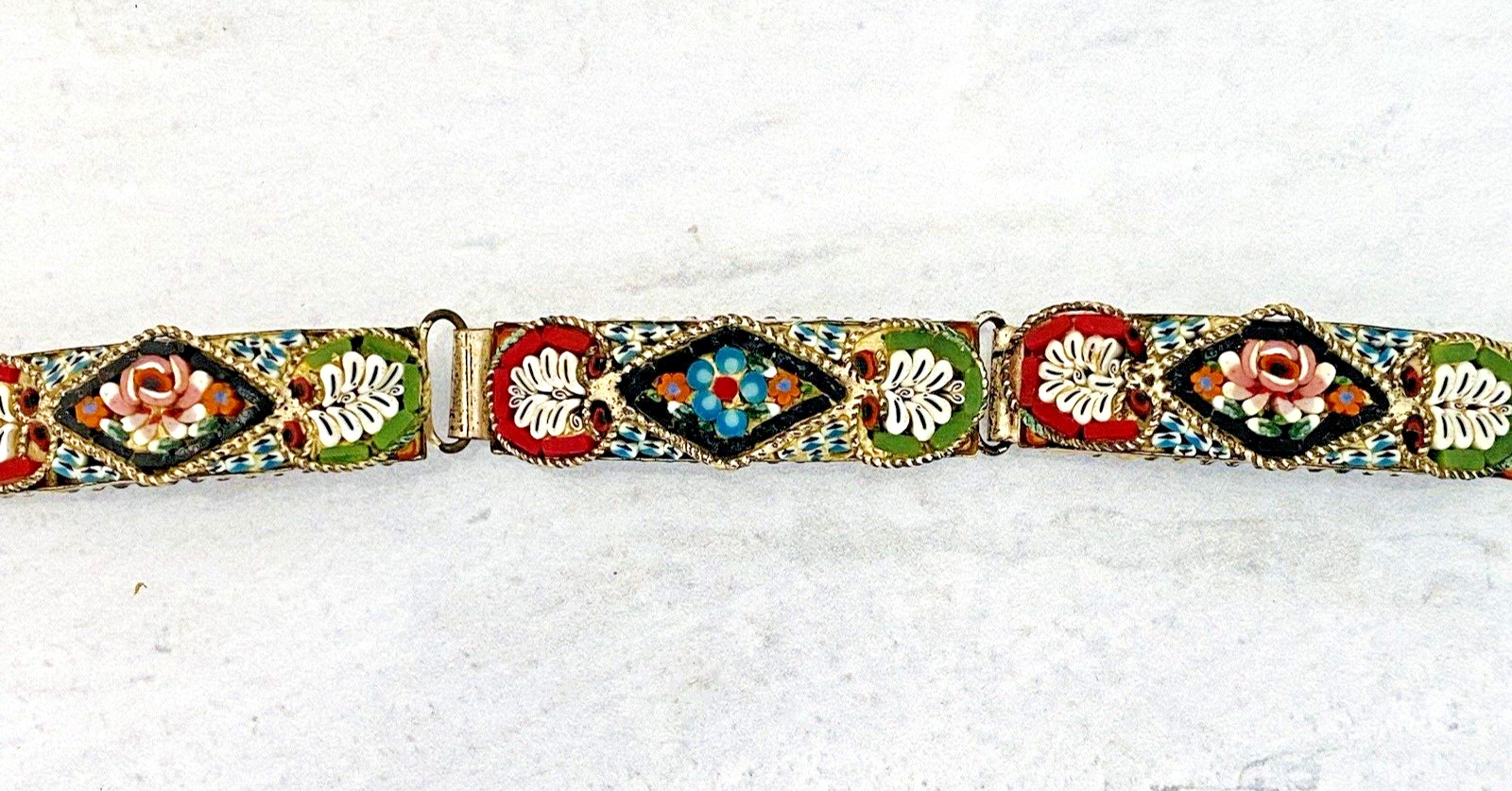 Vintage Micro Mosaic Bracelet 7 1/2 Inches Silver Plated Forget Me Not and Roses