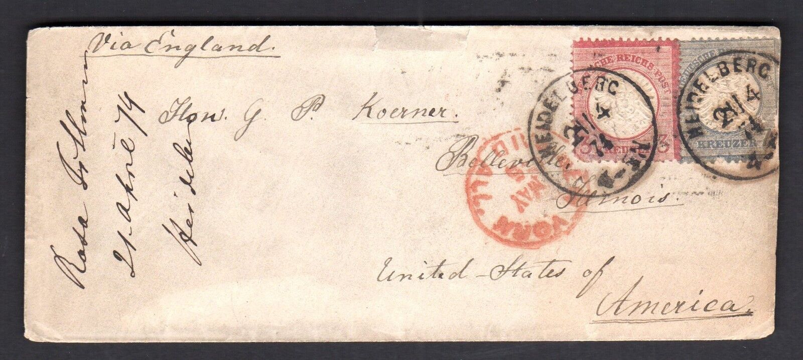 GERMANY 1874 US HEIDELBERG TYING 3kr + 7kr Sc. 23-24 VIA ENGLAND TO NEW YORK