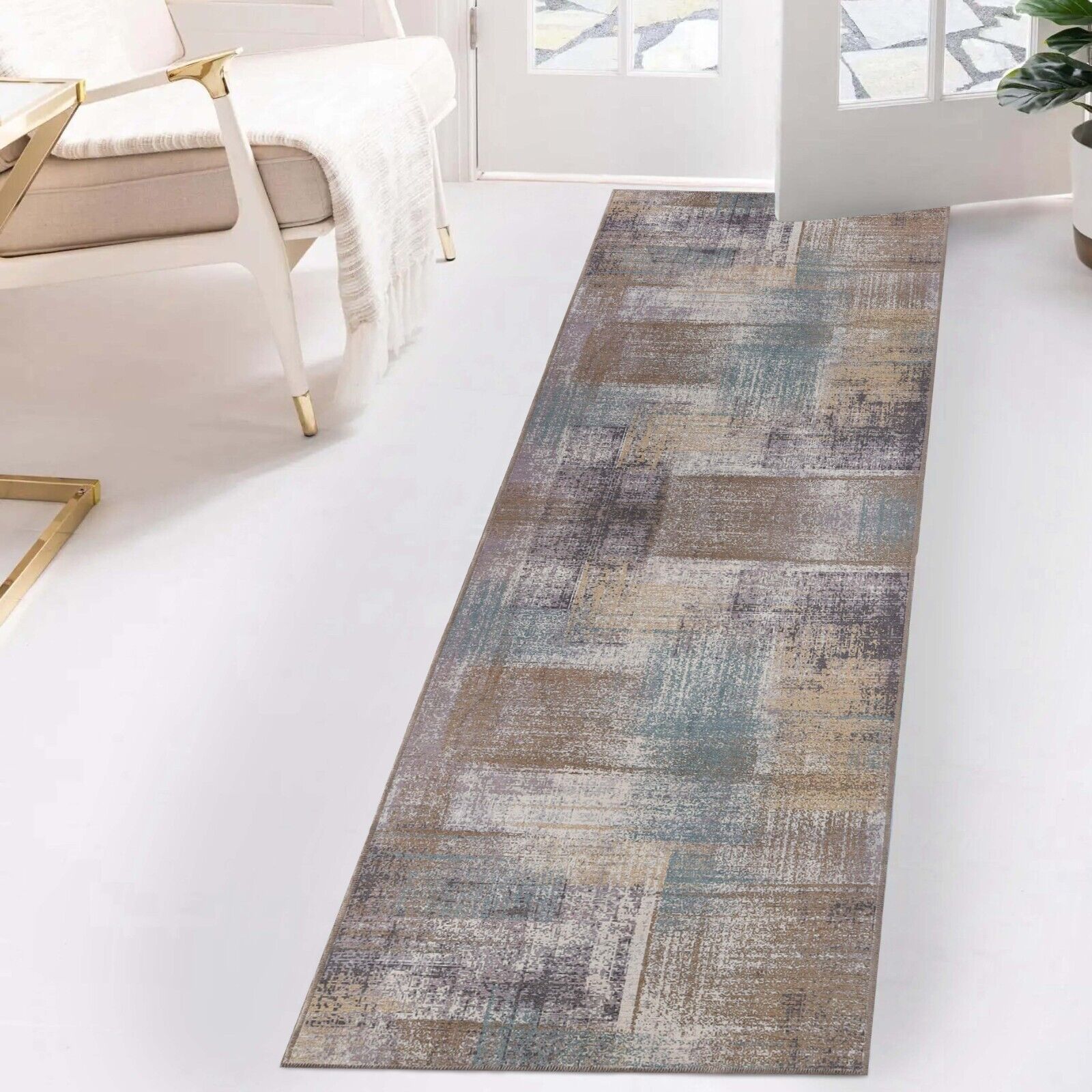 Ara Geometric Patchwork Abstract Non Slip Machine Washable Area Rug Or Runner