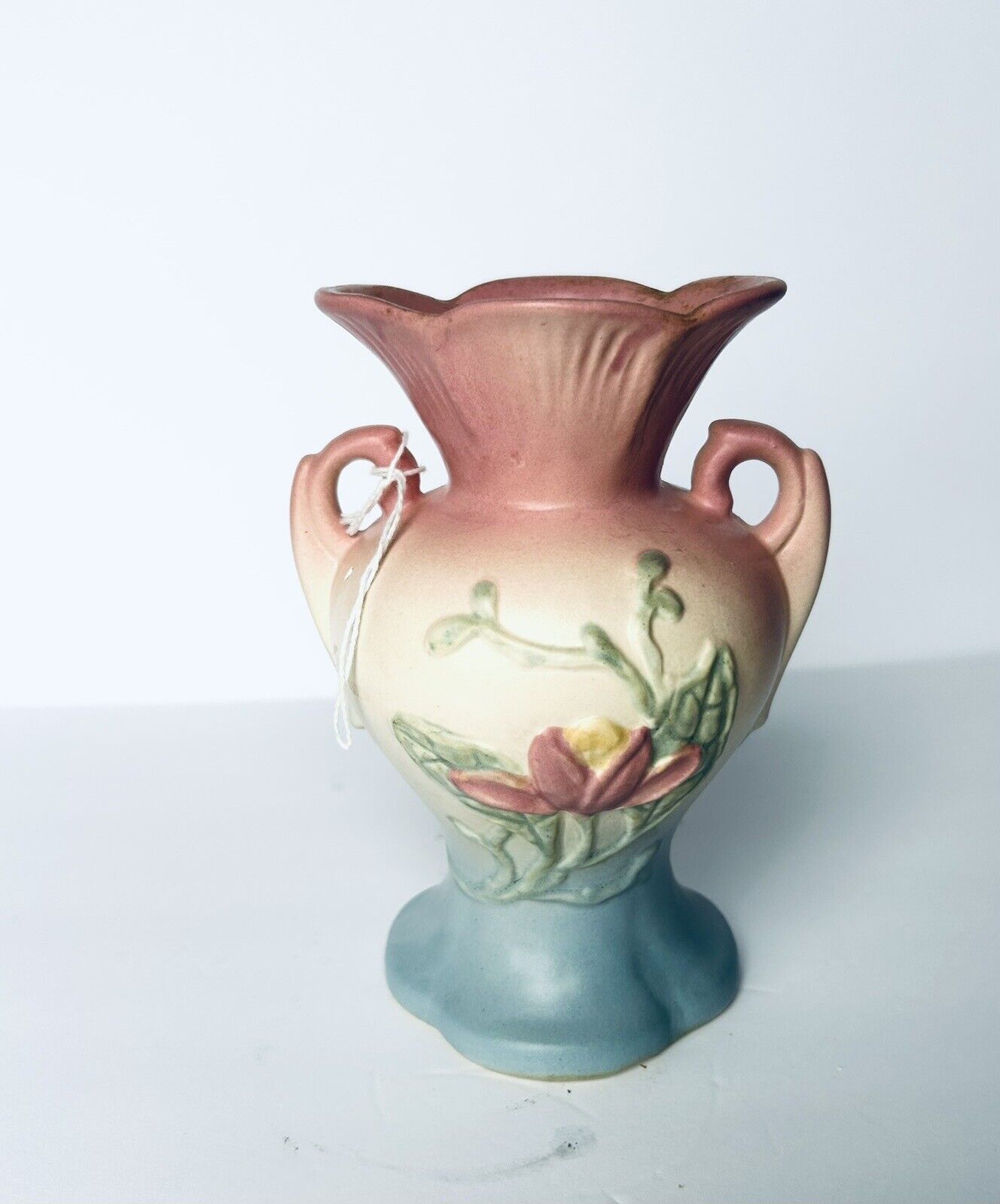 Vintage Hull Floral Art Pottery Two Handle Vase 6” Matte Pink Yellow Blue