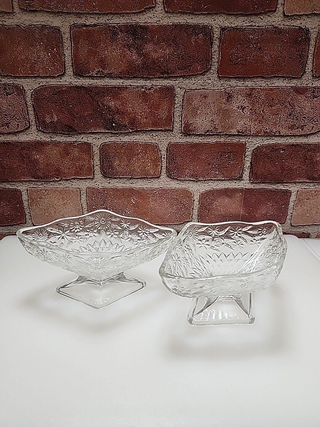 2 Indiana Glass Pineapple & Floral compote footed candy dish Depression diamond