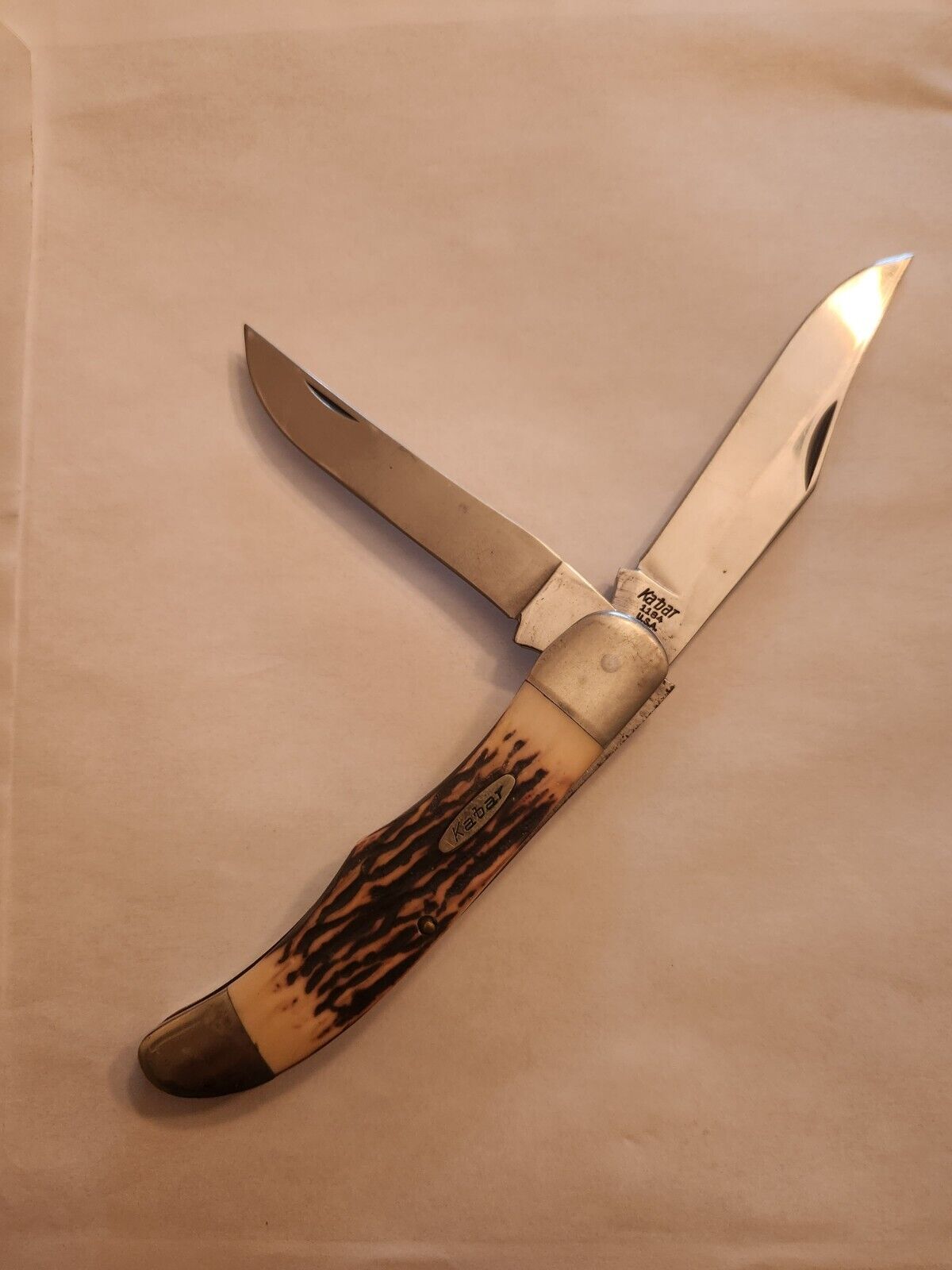 Vintage Kabar Ka-Bar 1184 Big Folding Hunter Pocket Knife 2 Blade Nice