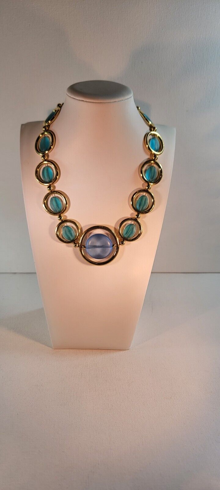 Vintage Necklace Choker Style Gold Tone & Blue Lucite Cabochons
