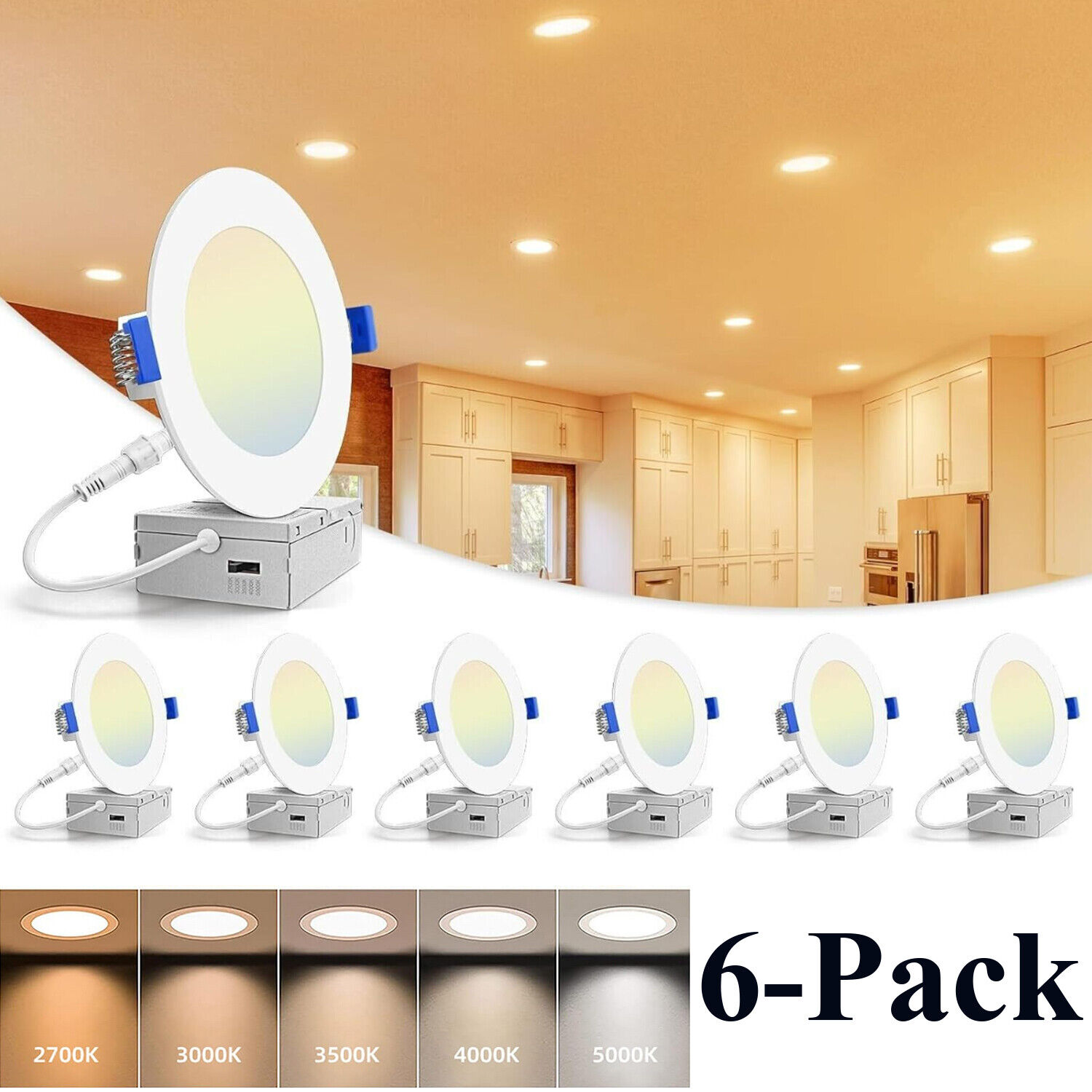 6-12pcs 6 in. 90 CRI 2700K-5000K 5CCT Selectable LED Dimmable Ceiling Disk Light