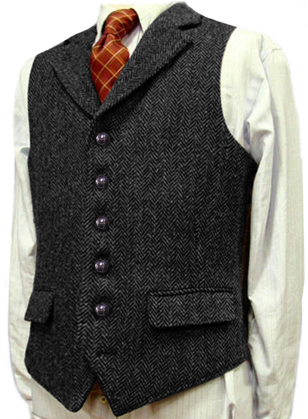 Mens Wool Vest Vintage Western Tweed Herringbone Formal Hunting Vests M Large XL