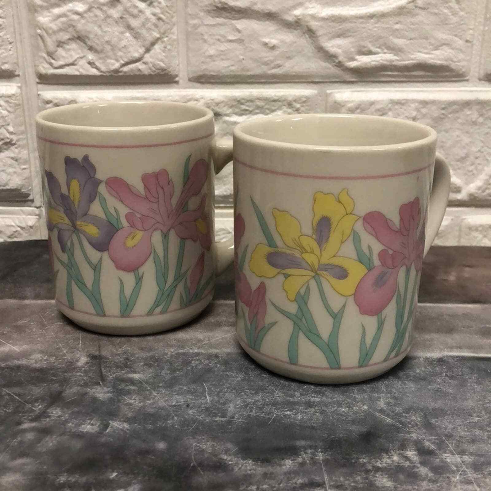 Pair of 80’s Finest Ceramics 1980s Vintage Iris Pastel flowers  Floral Mug China