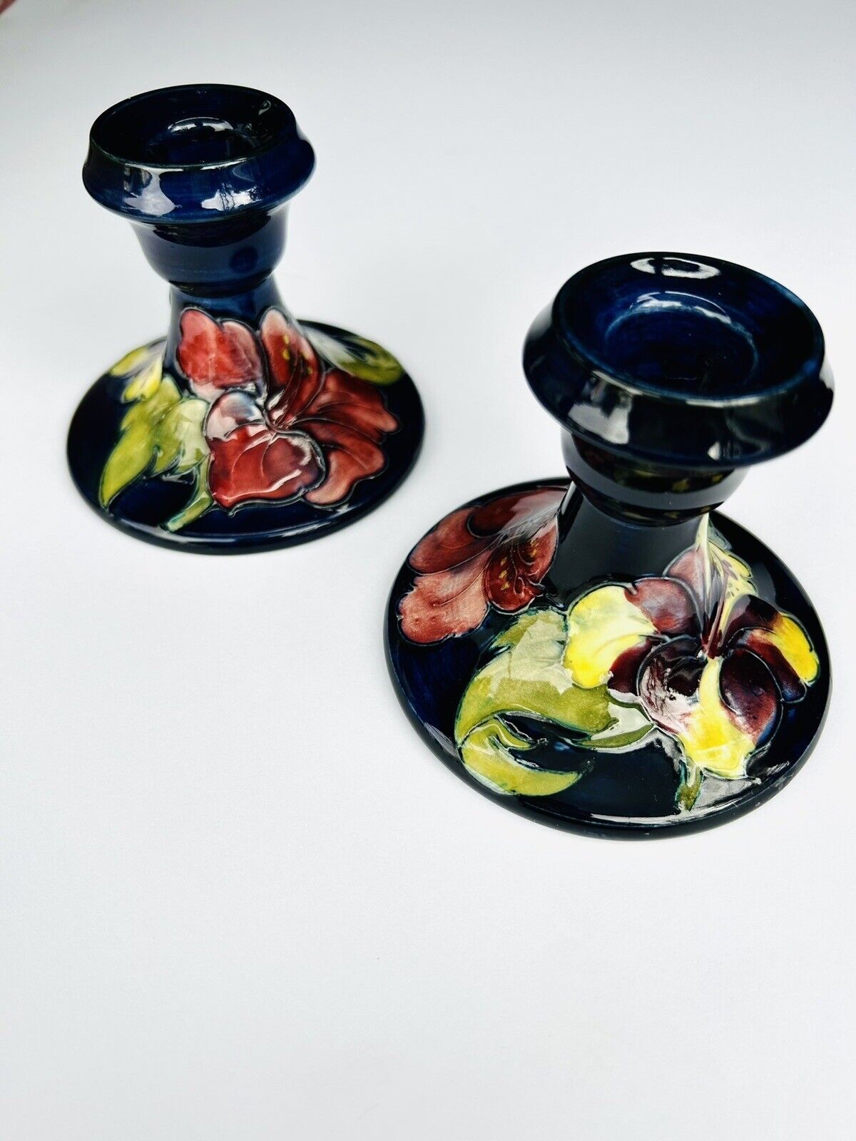 Antique Moorcroft Pottery Cobalt Blue Pair of Candle Holders Hibiscus Pattern