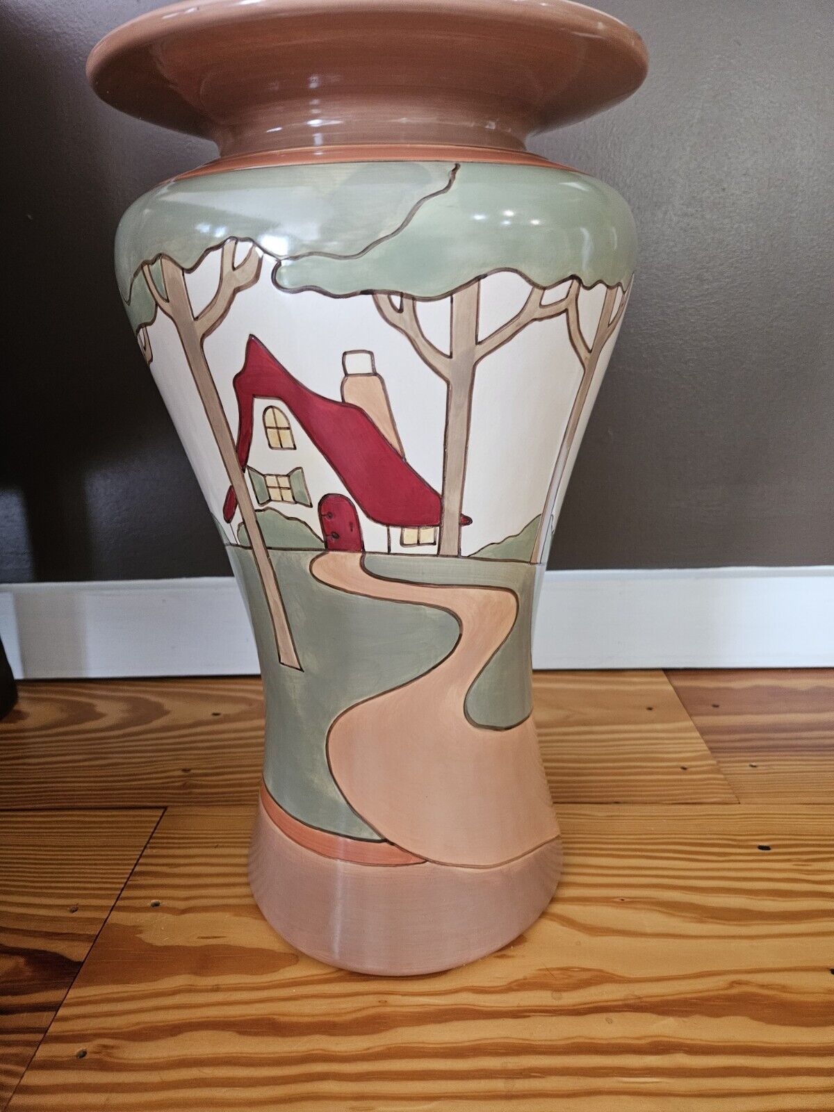 Large 17.5 Inch Vintage Mary Engelbreit Unbrella Stand Ceramic Cottage Woods Art