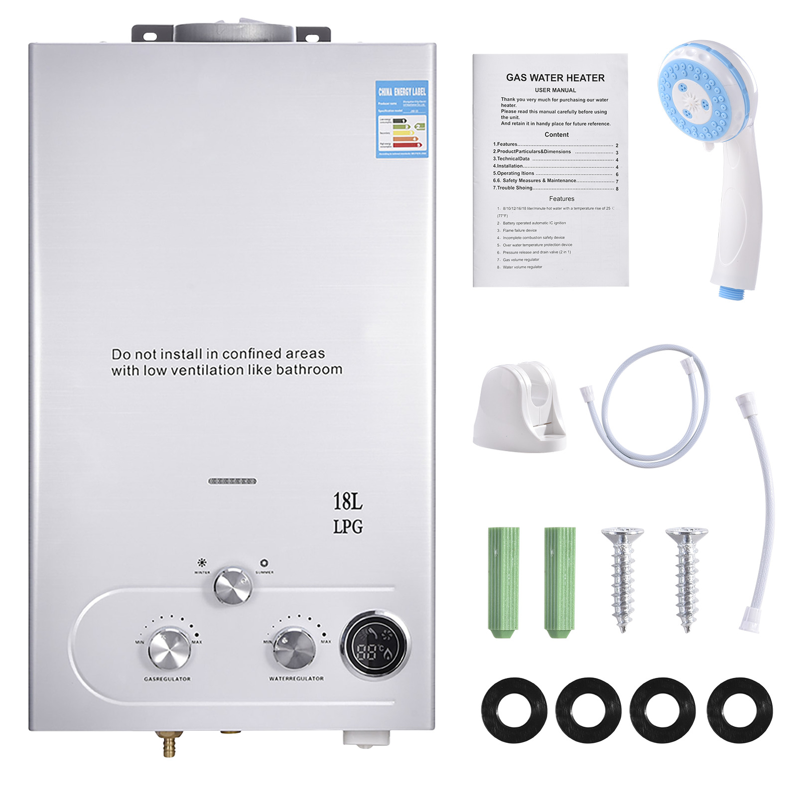 6L - 18L Propane Gas Hot Water Heater 5GPM On-Demand Tankless Instant Boiler