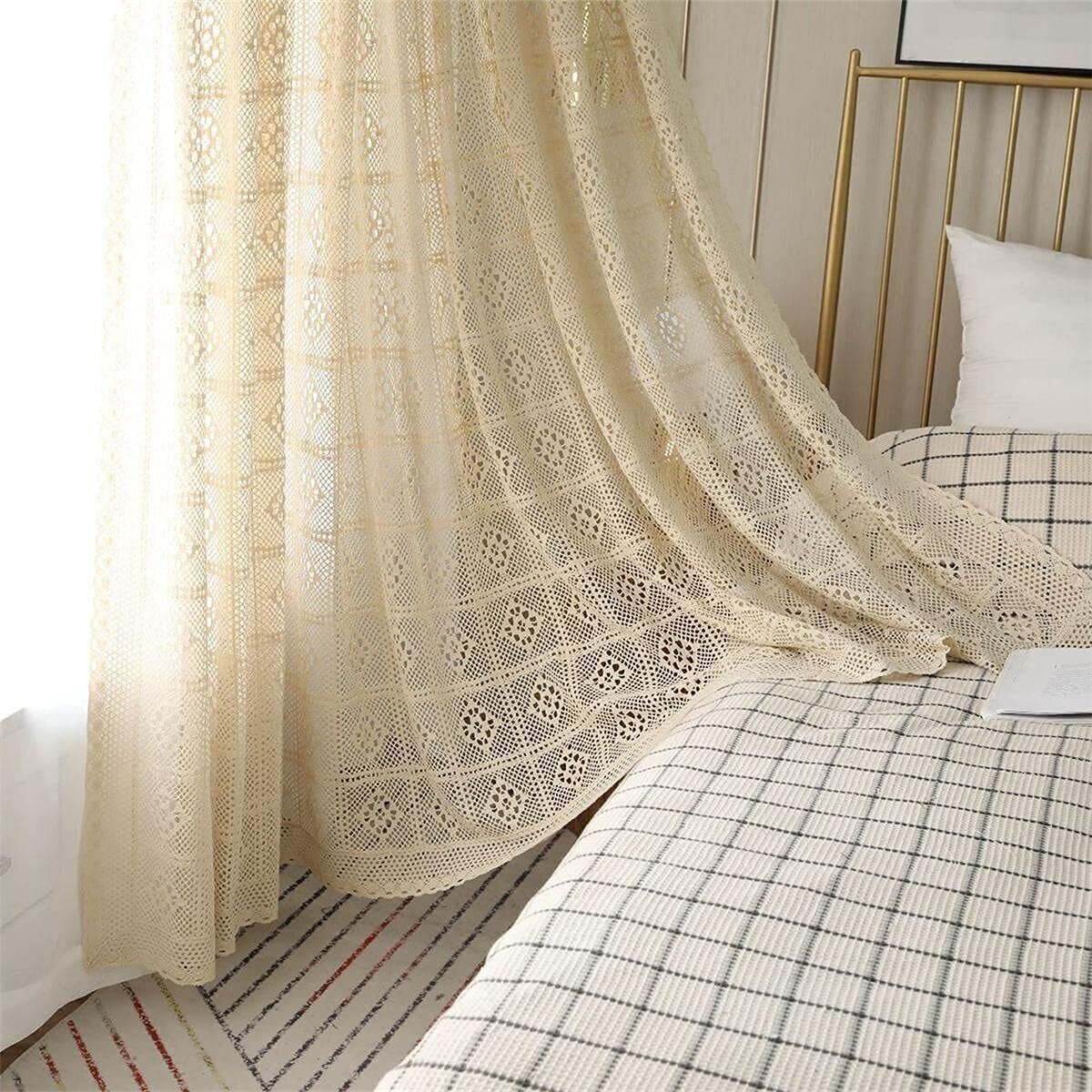 Vintage Crochet Lace Curtain Window Drapes Living Room Boho Farmhouse Home Decor
