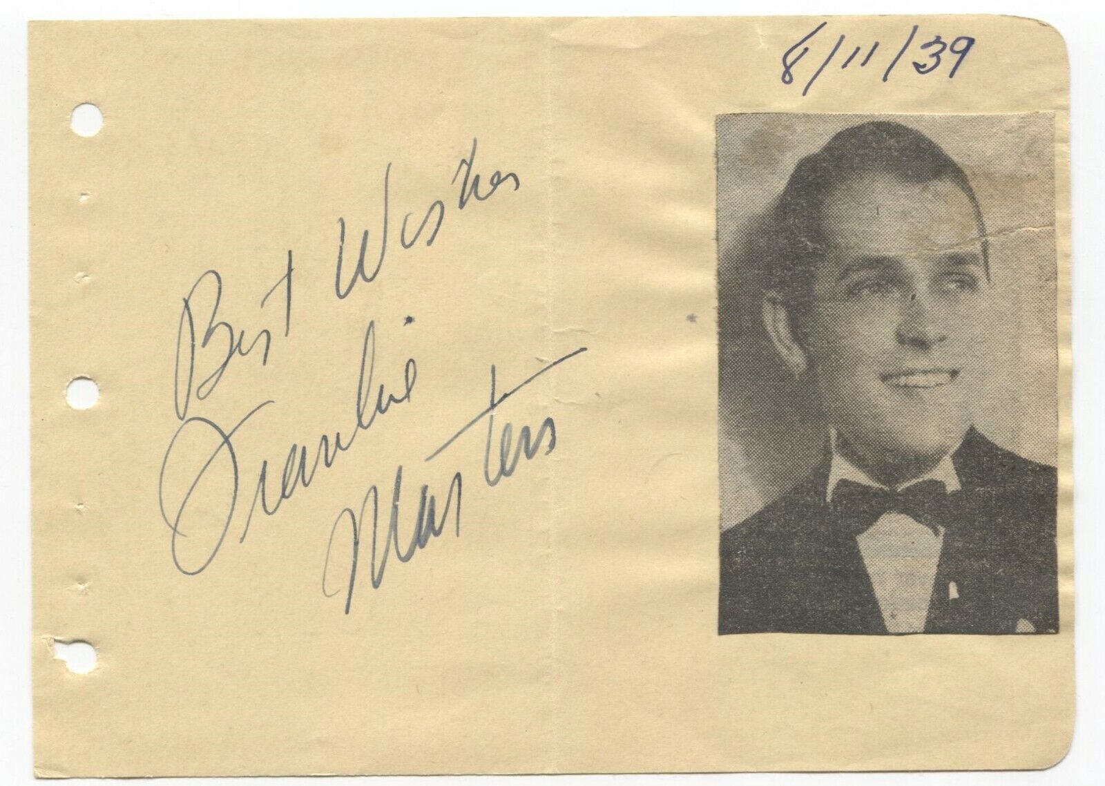 Frankie Masters Signed Album Page Vintage Autographed Signature Band Leader